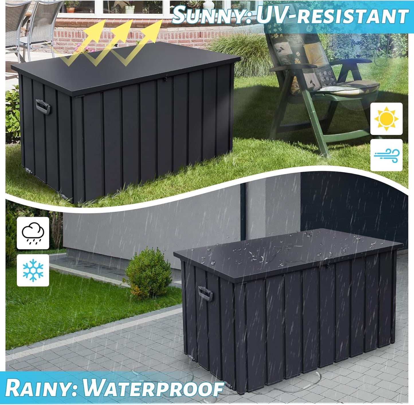 190 Gallon Metal Deck Box, Waterproof Steel Outdoor Box, Large Patio Furniture Storage Cabinet, Lockable Storage Bench for Porch Package Delivery, Pillows, Cushions, Pool, Tools, Backyard, Grey