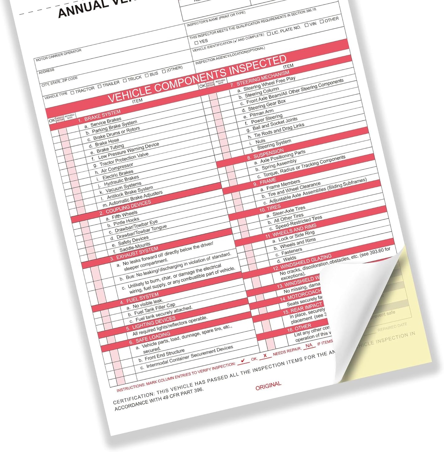 Annual Vehicle Inspection Report (30Pc Red 2+3-Ply Carbonless)