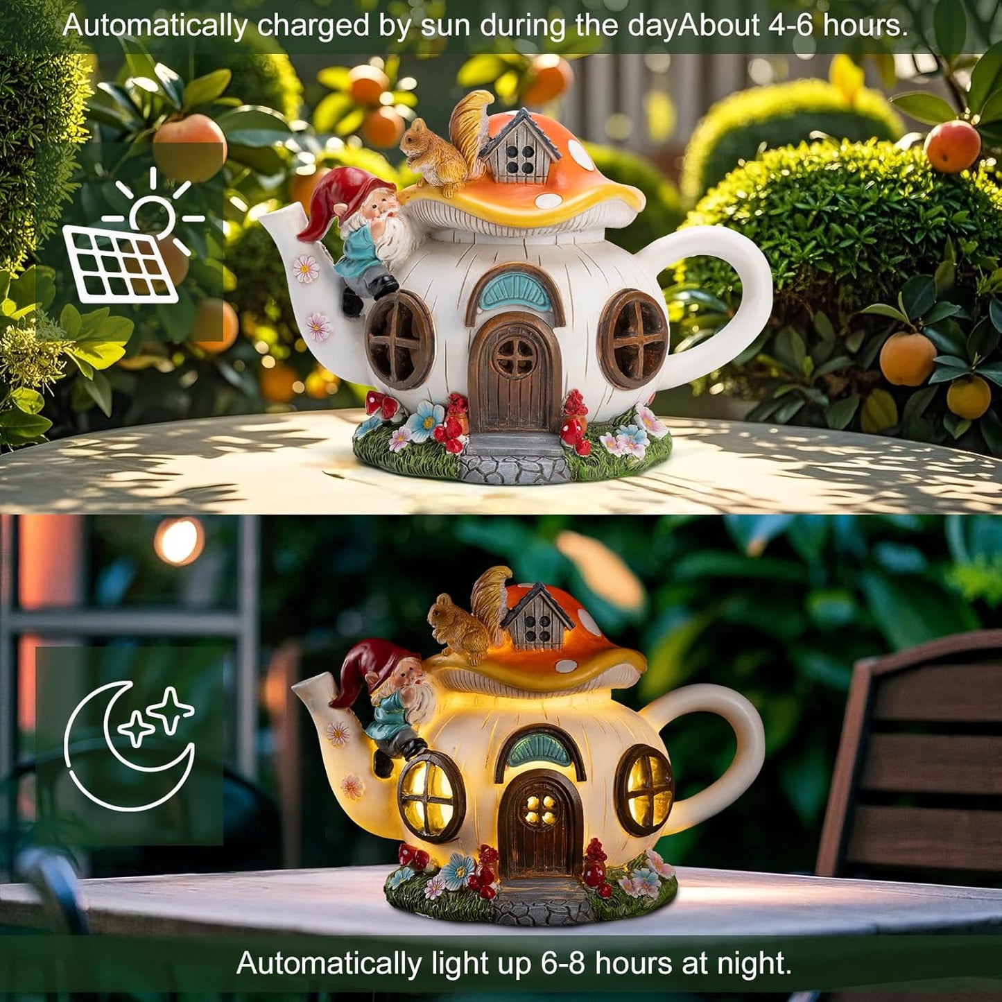Mushroom Fairy House Garden Decor Solar Light – Outdoor Gnome Statue with Squirrel, Resin Teapot Decorative Figurine for Patio, Lawn, Yard & Balcony, for Women, Mom, and Home