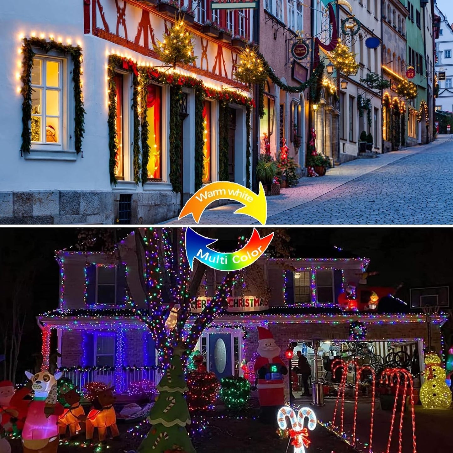 (Warm White ⇋ Multicolor) Solar Christmas String Lights Outdoor, 2-Pack 80FT 200 LED Waterproof Copper Wire, Solar Twinkle Lights with 8 Modes Solar Fairy Light for Tree Garden Wedding Christmas Decor