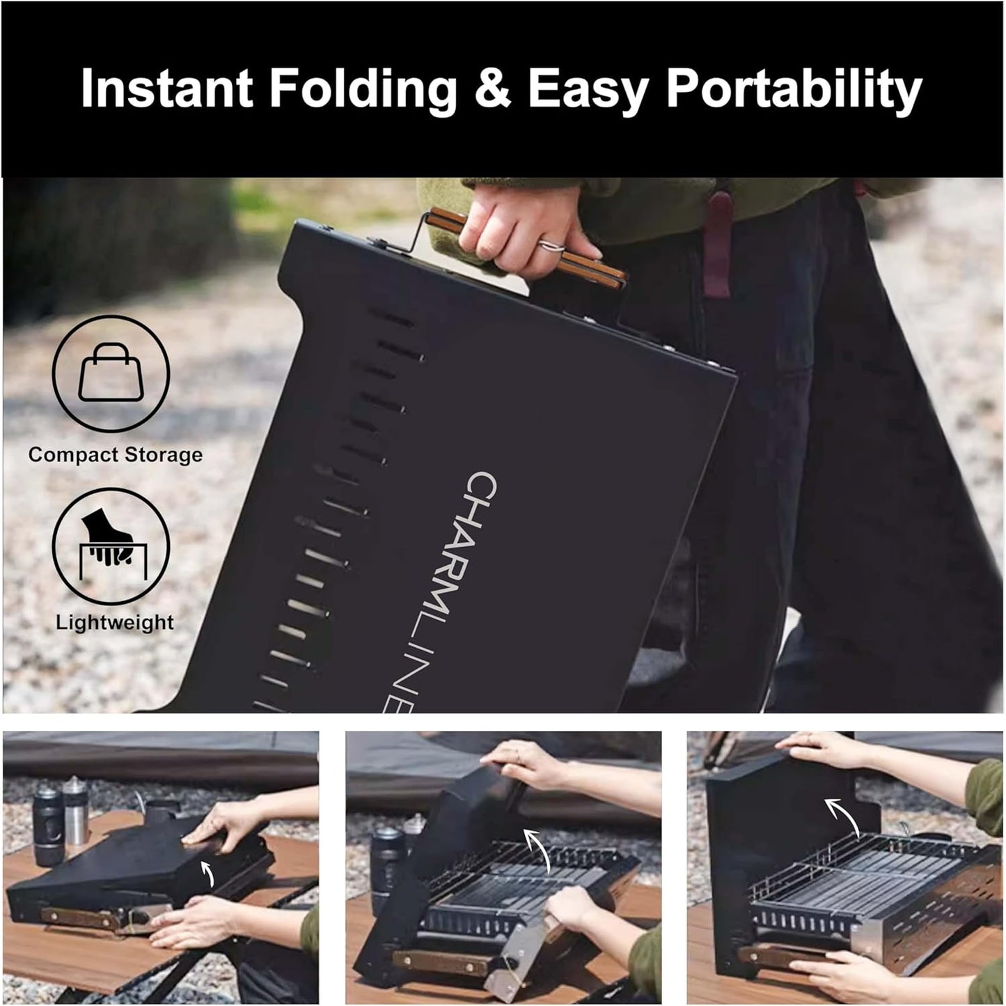 Charmline 19x13in Foldable Portable Grill Charcoal, Compact Grills for Outdoor Use, Desktop Charcoal Grill for Indoor Use, BBQ Grill for Camping, Picnics, Gardens and Beach Parties, Black