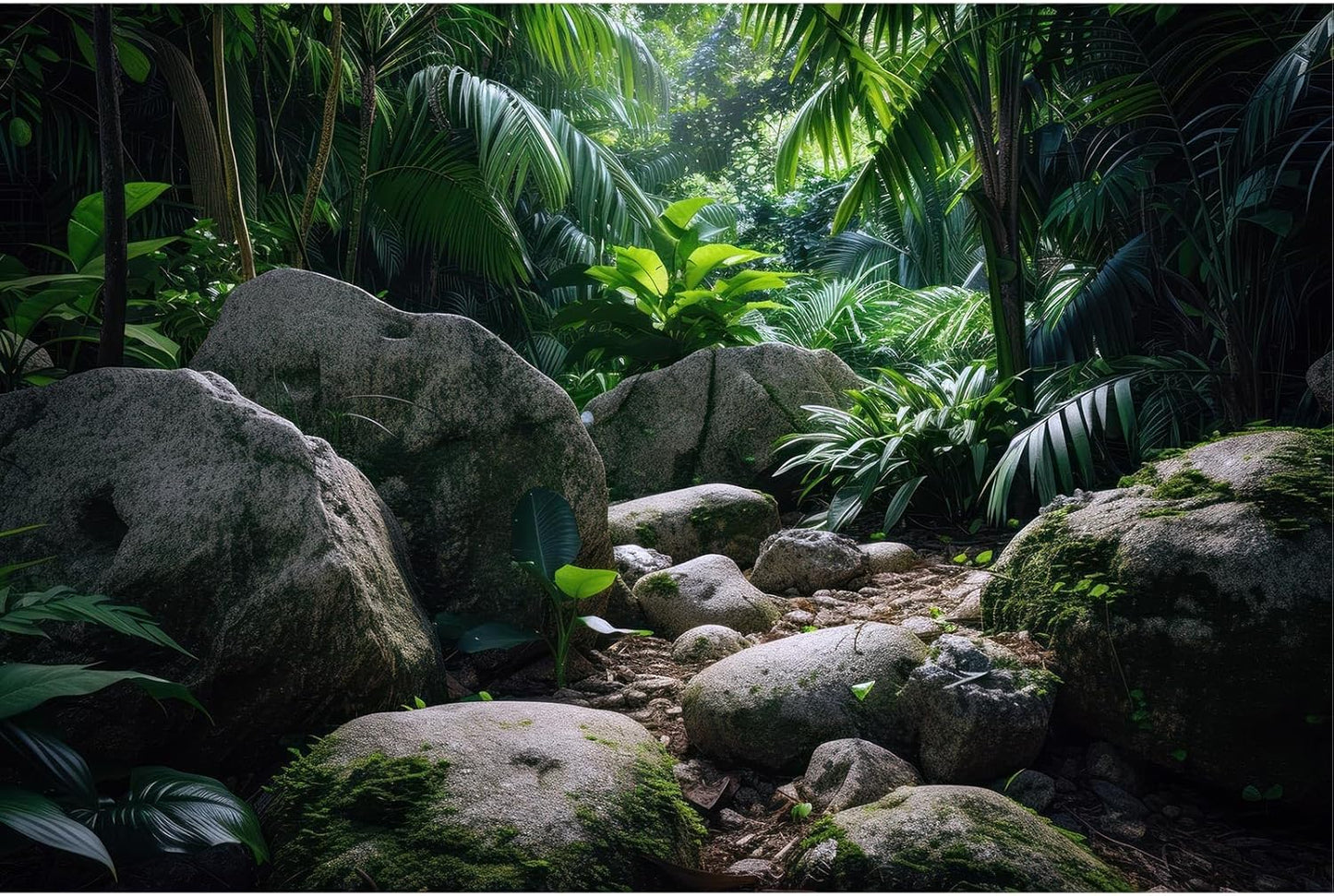 Reptile Habitat Backdrop Lush Tropical Plants and Rocks Terrarium Backdrop Dense Vegetation with Large Broad Leaves and Ferns Fish Tank Background Aquarium Wallpaper Poster Decor Vinyl 24x12in