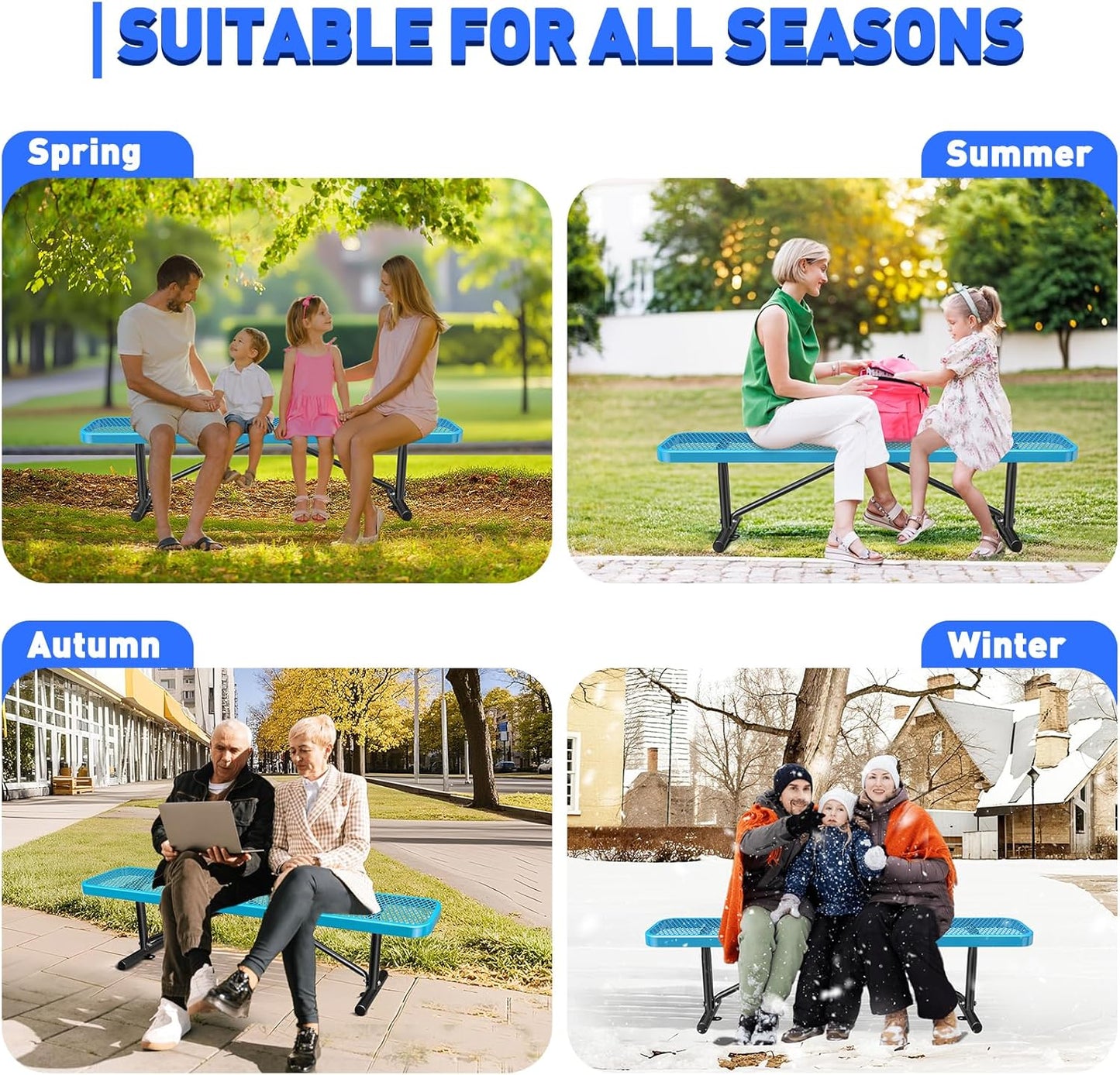 Heavy-Duty Park Bench or Table for Outside - Black Coated Outdoor Furniture Steel Bench, Commercial-Grade Outdoor Benches Weatherproof for Park, Patio, Porch (Blue, 6FT (Without Backrest))