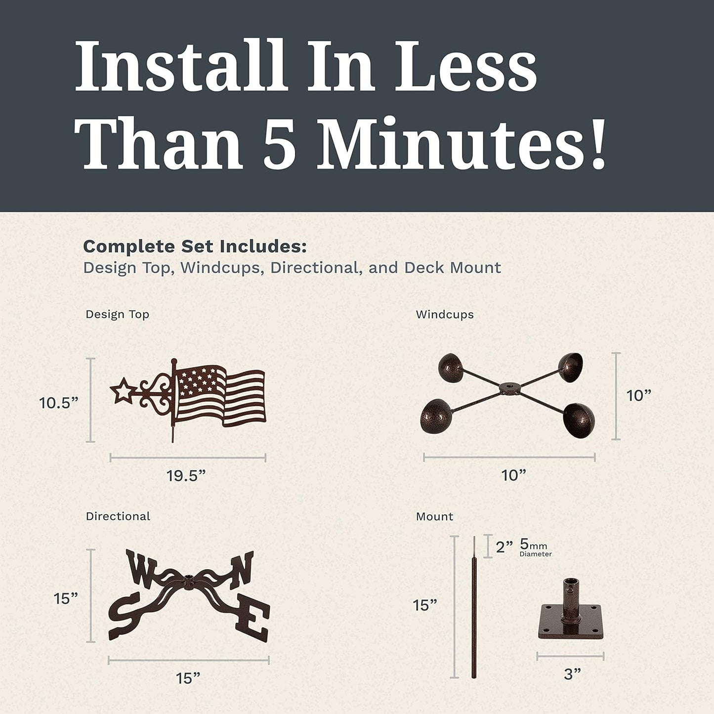 EZ Vane Steel USA Flag Weathervane 21” Height, Includes Metal Deck Mount, Wind Cups & Brackets | Hand-Crafted and Family-Owned, Made in The USA with Triple Powder Coating, Limited