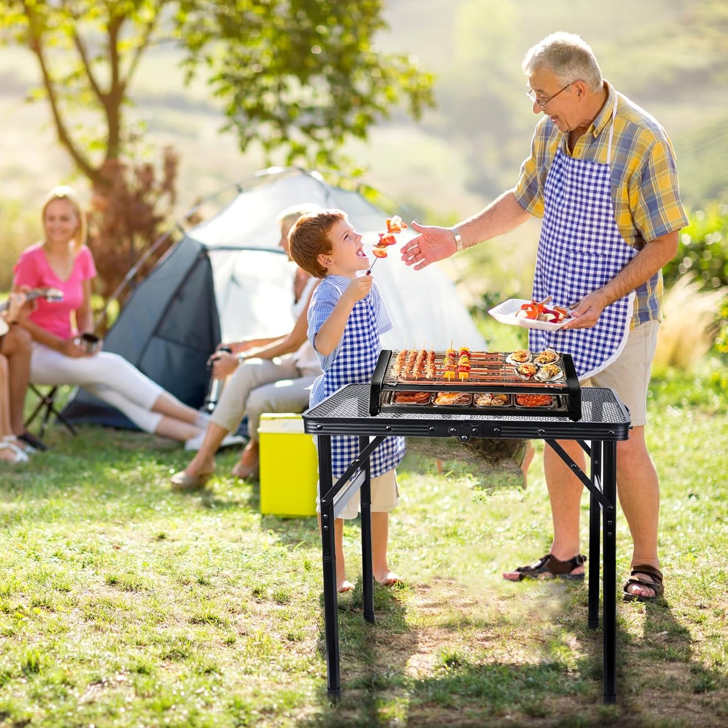 Folding Grill Table Metal Portable Camping Table with Mesh Desktop Lightweight & Foldable Height Adjustable Black Picnic Table for RV, BBQ Outside Inside