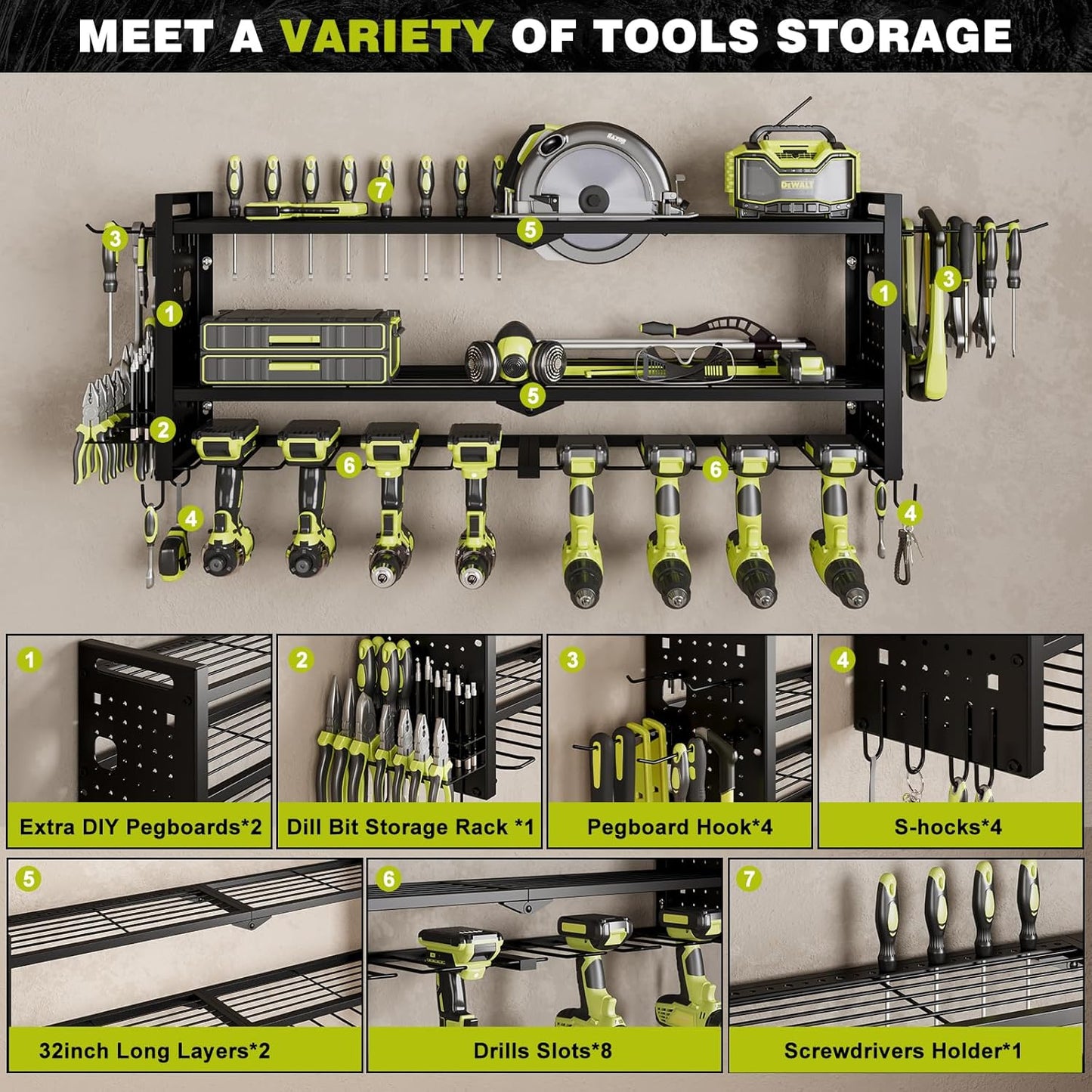 Power Tool Organizer Wall Mount,Cordless Drill Hanger Storage Rack 8 Drill Holder,3 Layers Heavy Duty Power Tool Storage Rack (Black)