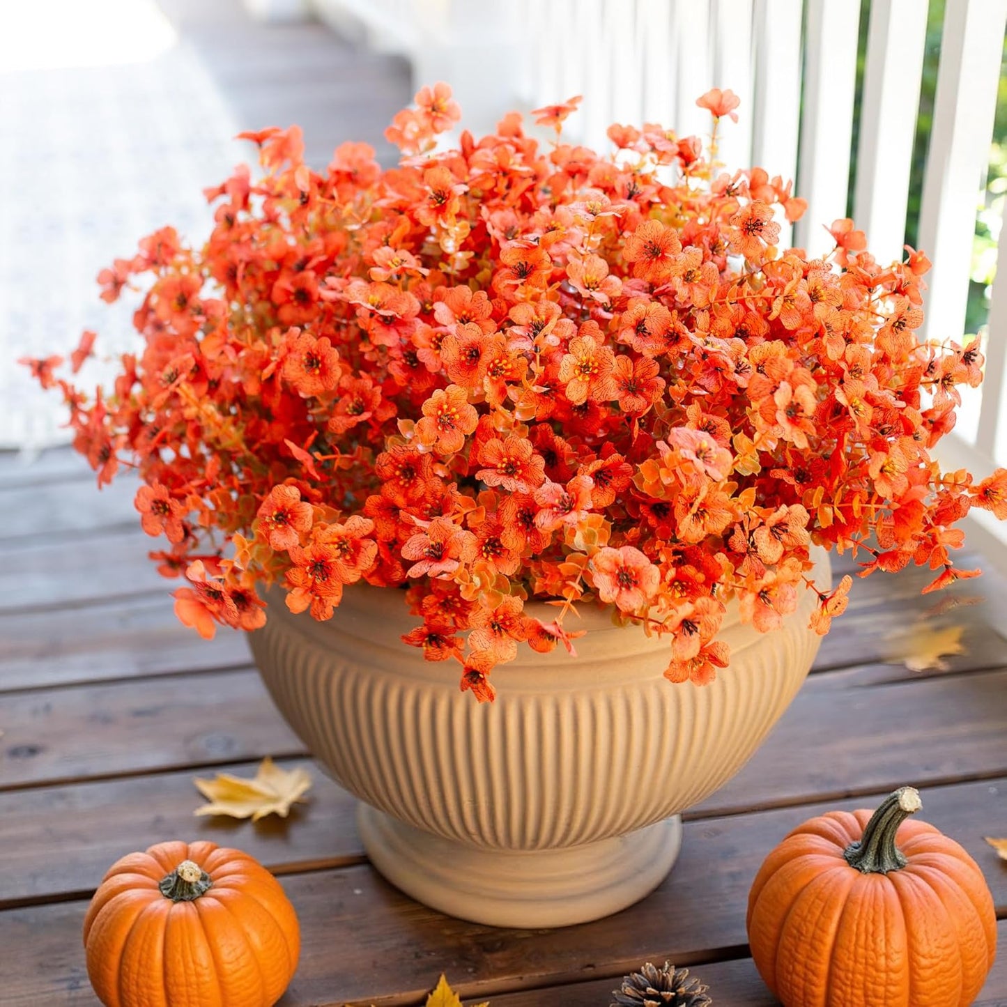 Artificial Fall Flowers Faux Mums for Outdoor Indoor Garden Home Decoration, Faux Flower Daisy with Eucalyptus Leaves Fake Mums Plants Greenery Boxwood Porch Patio, 12 Bundles (F Orange)