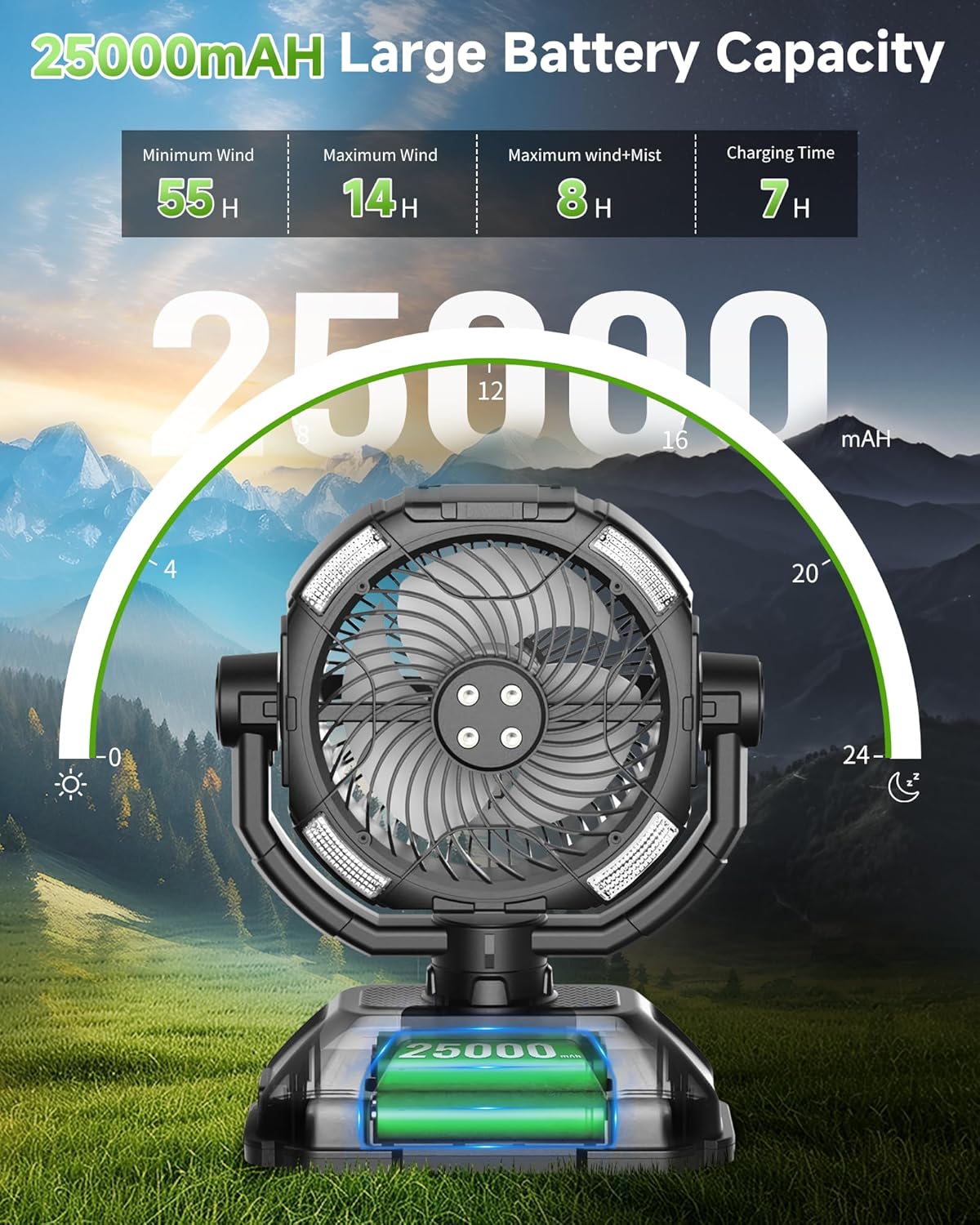 Misting fan with 7L bucket 90°Oscillating ,4 Spray Mister 25000mAh Rechargeable Camping fan with Remote Control Stepless Speed and Timer for Patios/Camping，Waterproof Design Outdoor Fans (Black)