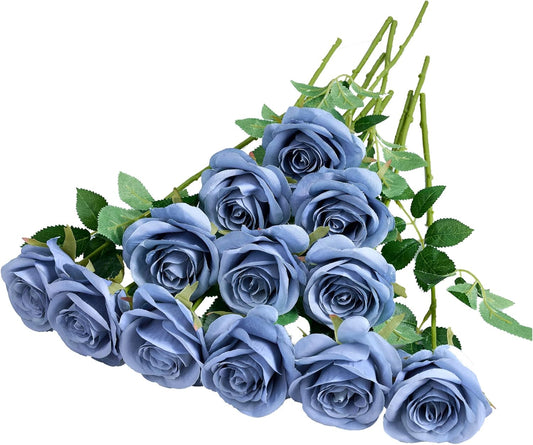 12pcs Rose Artificial Flowers Fake Roses Dusty Blue Silk Roses Blue Silk Flowers Rose with Long Stems for Wedding Home Party Centerpieces Decorations