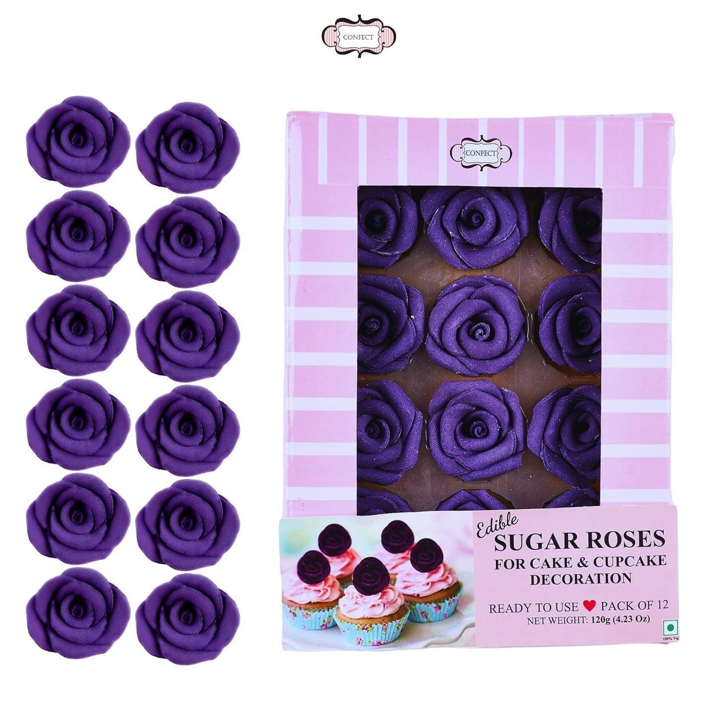 Confect Edible Rose Topper -Edible True Purple Rose Toppers for Cake & Cupcake - Edible Roses for Desserts- Vegan, Gluten-Free, Nut-Free, Dairy-Free, Palm Oil-Free - Pack of 12