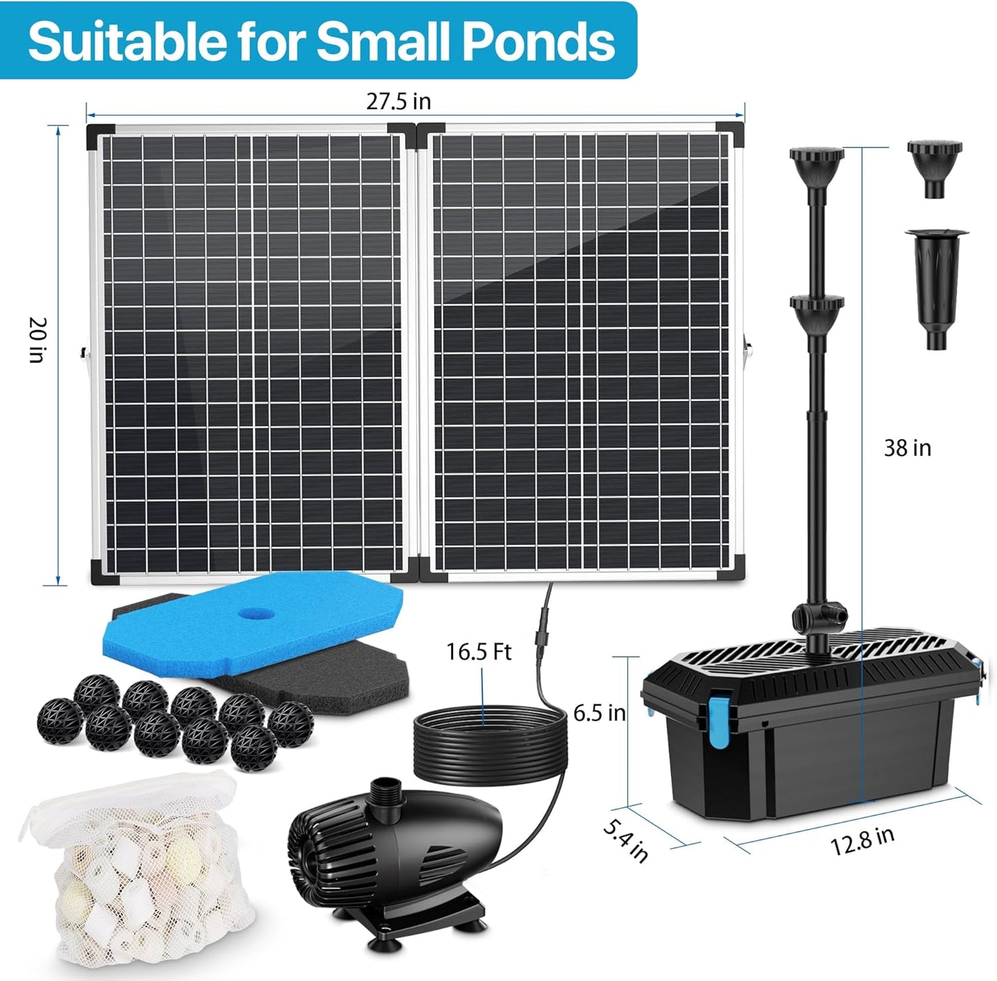 POPOSOAP 70W Solar Pond Filter with Fountain Pump, Solar Pond Pump 580GPH Adjustable Flow, Pond Filters for Outdoor Ponds Pool Waterfall Koi Pond Water Features