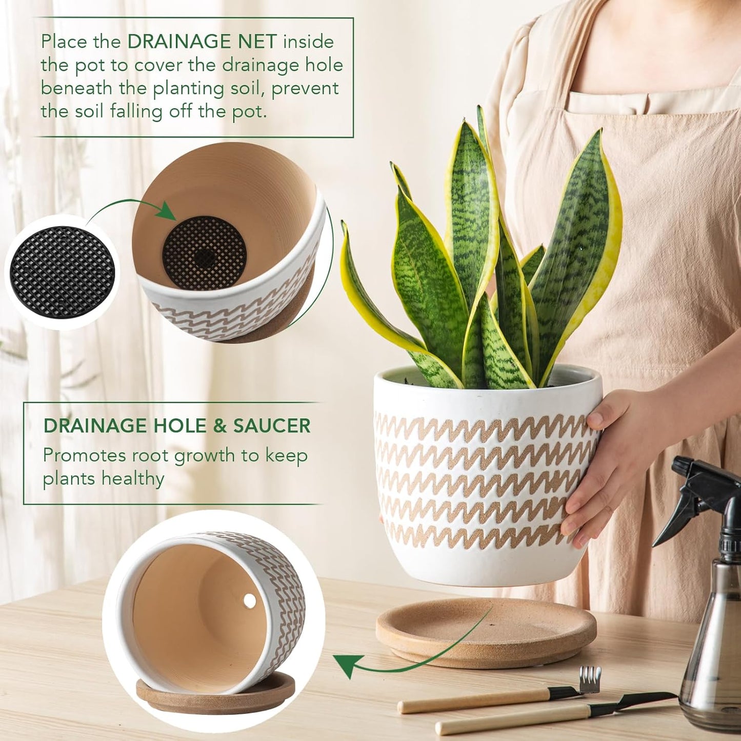 Ceramic Flower Pots Indoor-Outdoor: 7.75 Inch Large Planters with Drainage Holes & Saucer - Modern Decorative Plant Pots Ceramic for Home Gardeners (Wave)