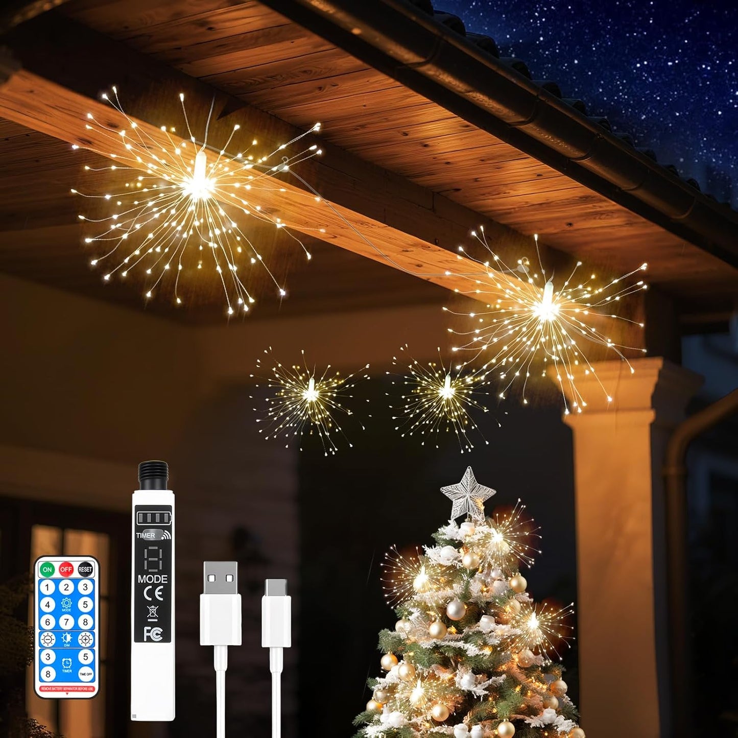 SeaShine 800LED Fireworks Lights Outdoor, Rechargeable Hanging Fairy Starburst Lights, Waterproof Smart Firework Light with Remotes, 8 Modes, Timer for Garden Weddings Outdoor Christmas Decor 4 Pack
