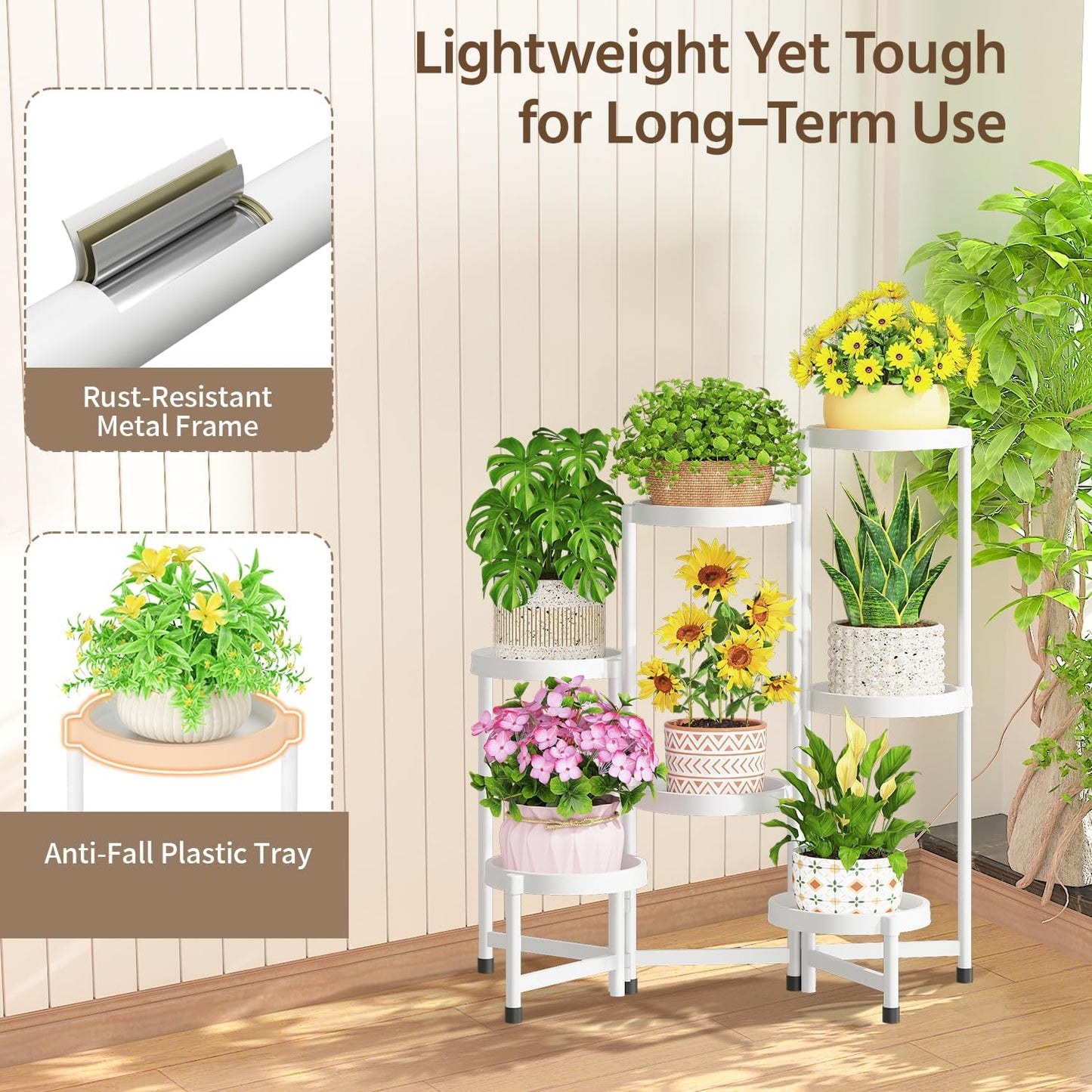 LASZOLA 7 Tiered Folding Plant Stand Indoor for Multiple Large Planter, Tall Heavy Duty Adjustable Rack with Rust Proof Plastic Shelving, Sturdy Vertical Tree Organizer for Narrow Inside Floor, White