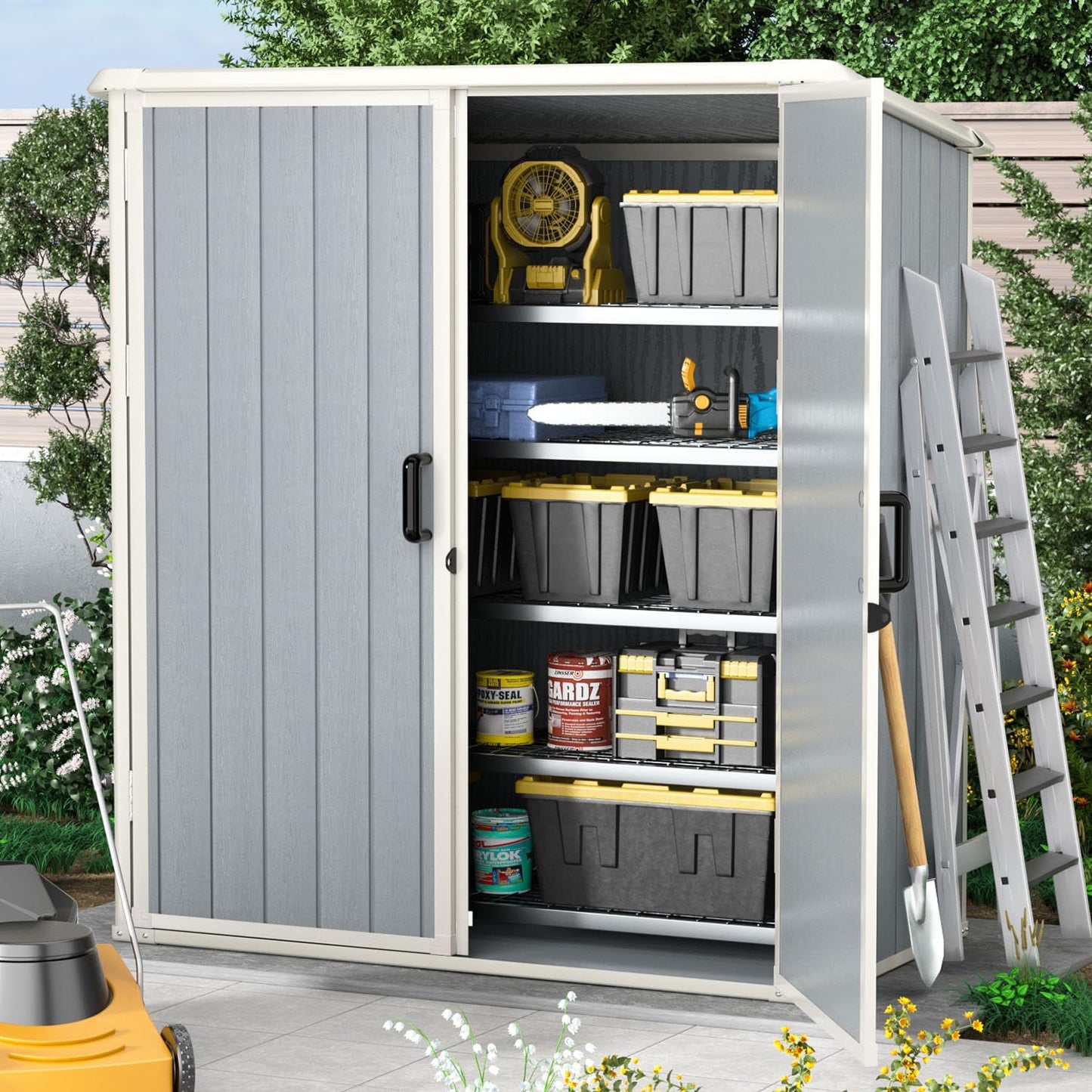 Aoxun Outdoor Storage Shed 5 x 3FT, Resin Shed with Floor and Lockable Door, Plastic Sheds for Garbage Can, Tool, Accessories, Lawn, Garden - Grey