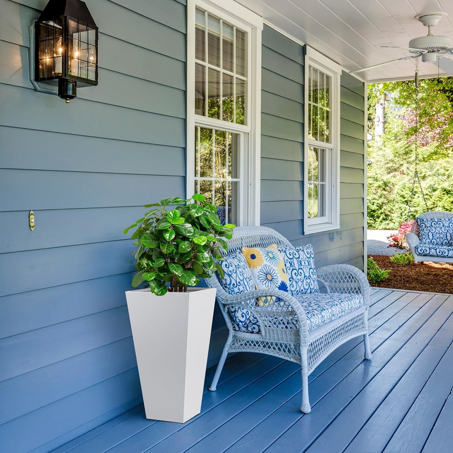 Tall Tapered Planter Front Porch Taper Metal Modern Flower Plant Pot White Square Galvanized Steel Planter 30 in Indoor Outdoor for Garden Patio Grande Plant Tree Commercial Residential Heavy Duty