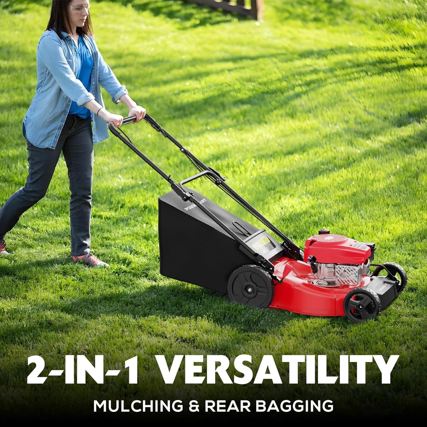 PowerSmart 21-inch Gas Push Lawn Mower, 144cc 4-Stroke Engine with Easy Adjustable Cutting Height, High Wheels, 2-in-1 with Mulch, Bag