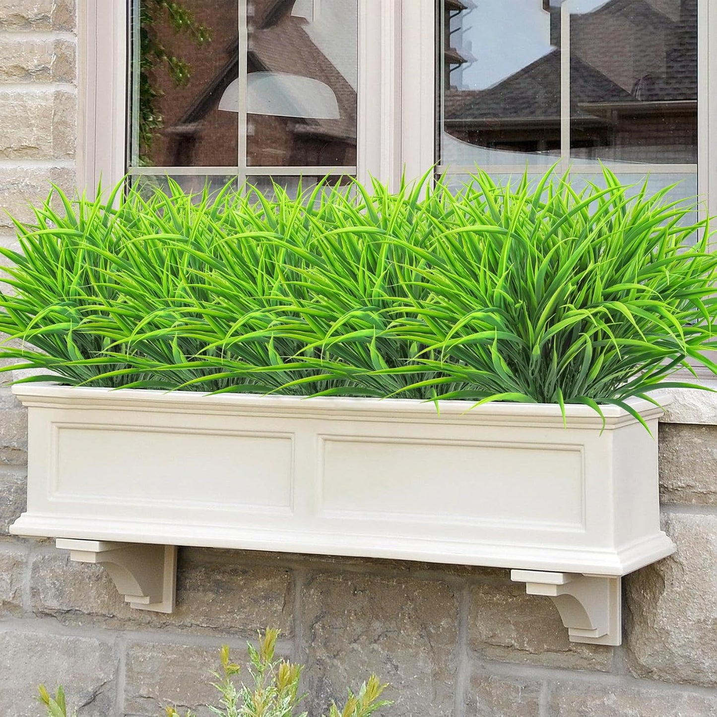 Ouddy Decor 16 Bundles Artificial Plants Outdoor Fake Grass Greenery Stems UV Resistant Faux Plastic Shrubs for Spring Summer Garden Pathway Window Box Front Porch Home Decor, Green