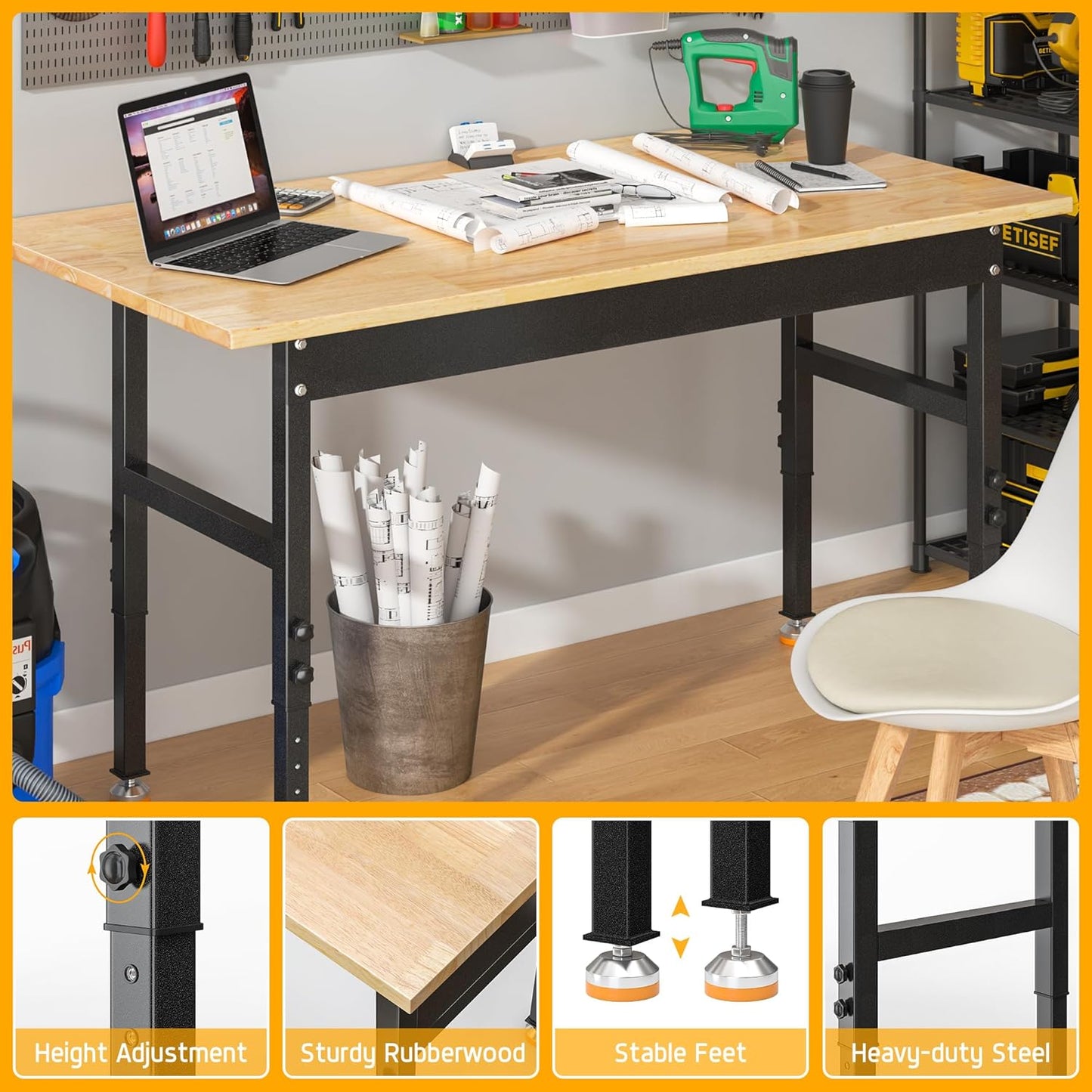 48’’ Work Bench Adjustable Workbench Heavy Duty Work Table with Rubber Pads, 2000 Lbs Capacity Hardwood Work Benches for Garage, Workshop, Office, Home