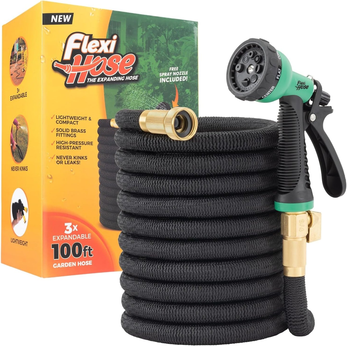 Flexi Hose with 8 Function Nozzle, 100FT - Lightweight Expandable Garden Hose, No-Kink Flexibility, 3/4 Inch Solid Brass Fittings and Double Latex Core