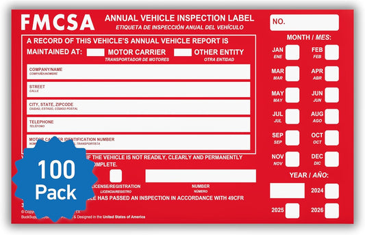 100 Pack Buck Aluminum Annual Vehicle Inspection Label with Punch Boxes, 2 Mil Red FMCSA Self Adhesive Sticker, DOT Compliant, Weatherproof, Tear Resistant, Easy to Write On, 6" x 3.5" - Made in USA