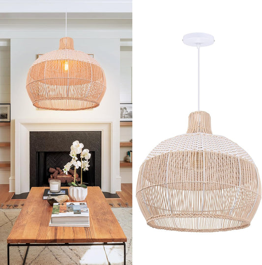 Arturesthome White Handwoven Rattan Boho Pendant Lighting Fixtures, Wicker Hanging Ceiling Light Chandelier, Handmade Woven Basket Lampshade for Kitchen Island