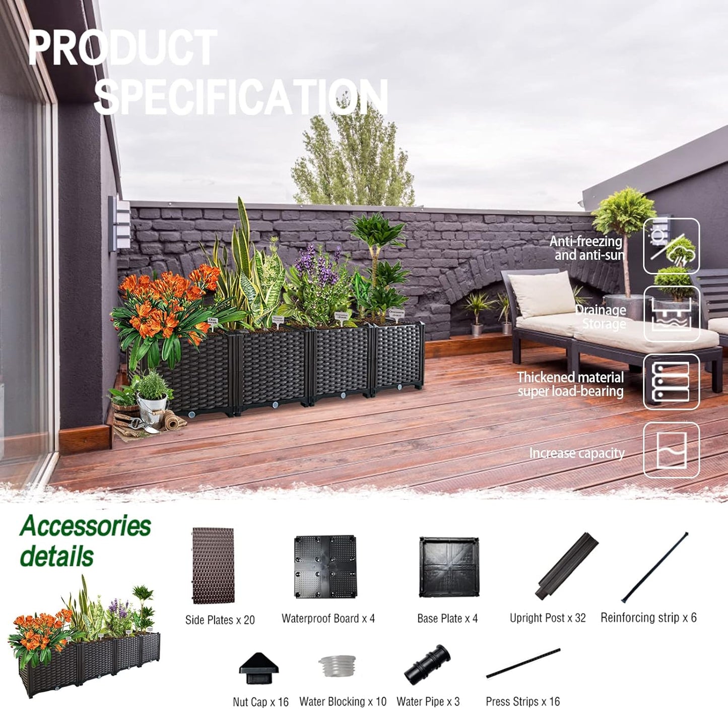 Garden Boxes Outdoor Raised Beds for Gardening Rectangular Planter Boxes Outdoor Planter Garden Box with Drain Outlet, Easy Assembly