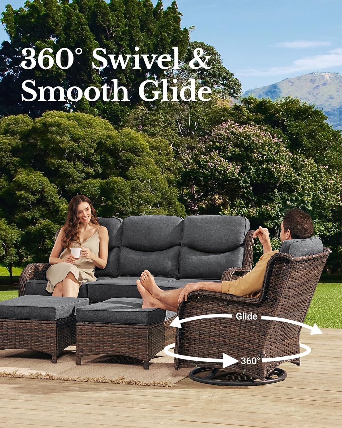 HILLGA Luxury Patio Furniture Set with 6-inch Thick Cushion, Outdoor Couch and High Back Swivel Rocker Patio Chairs, 11PCS Wicker Conversation Set for Deck Yard and Poolside, Dark Grey (V2)