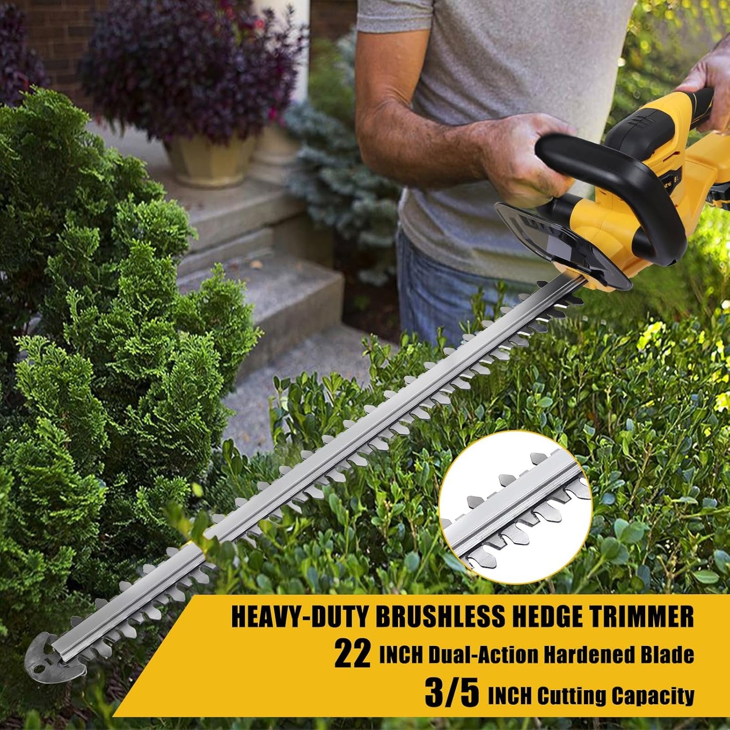 MaxMore Cordless Hedge Trimmer, Compatible with DeWALT 20V Max Battery (Tool Only) Electric Brushless Hedge Shear with 22-Inch Blade & 1500RPM Speed & Safety Lock, Lightweight & Handheld for Lawn Yard