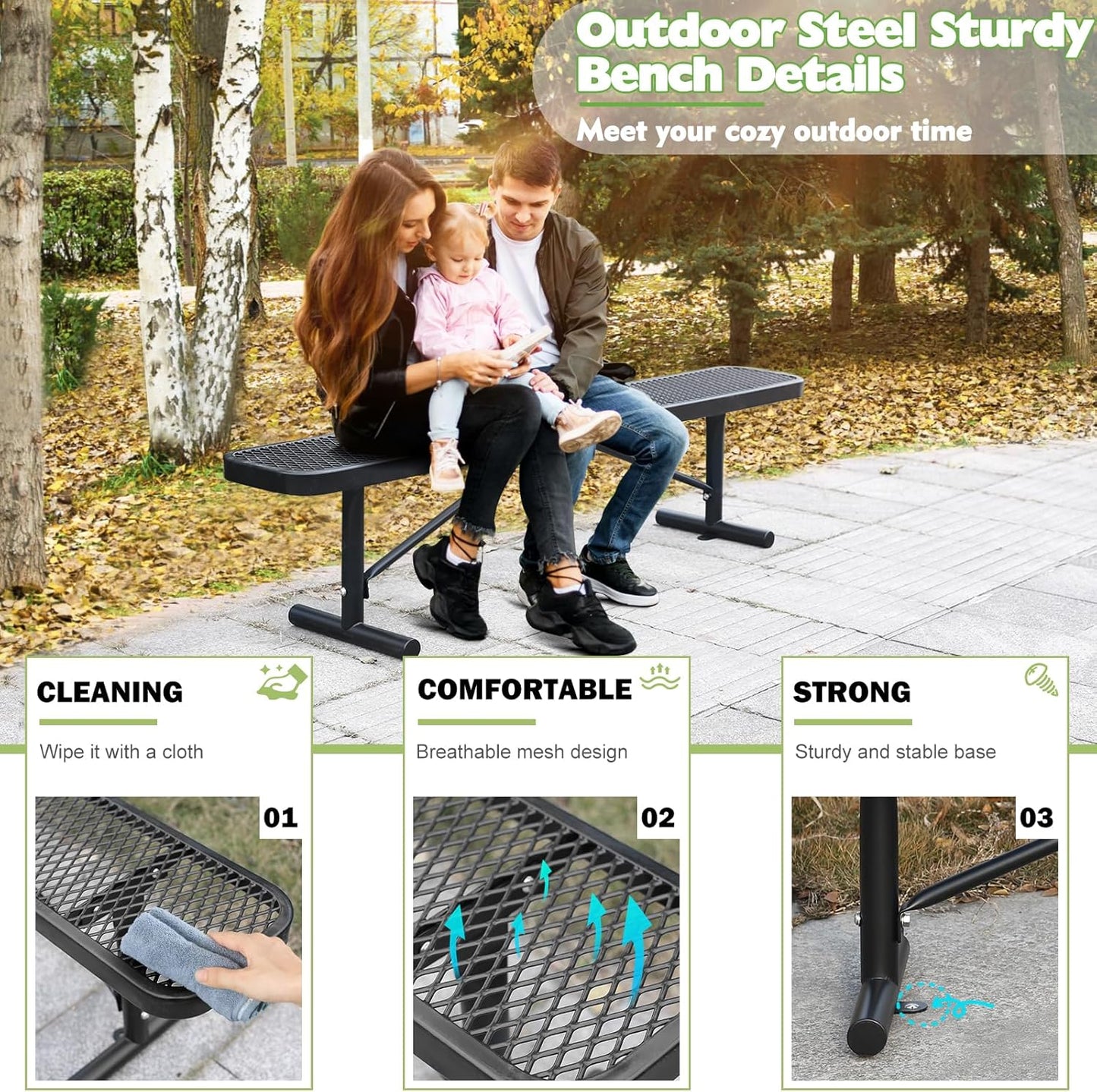 Heavy-Duty Park Bench or Table for Outside - Black Coated Outdoor Furniture Steel Bench, Commercial-Grade Outdoor Benches Weatherproof for Park, Patio, Porch (Black, 6FT (Without Backrest))