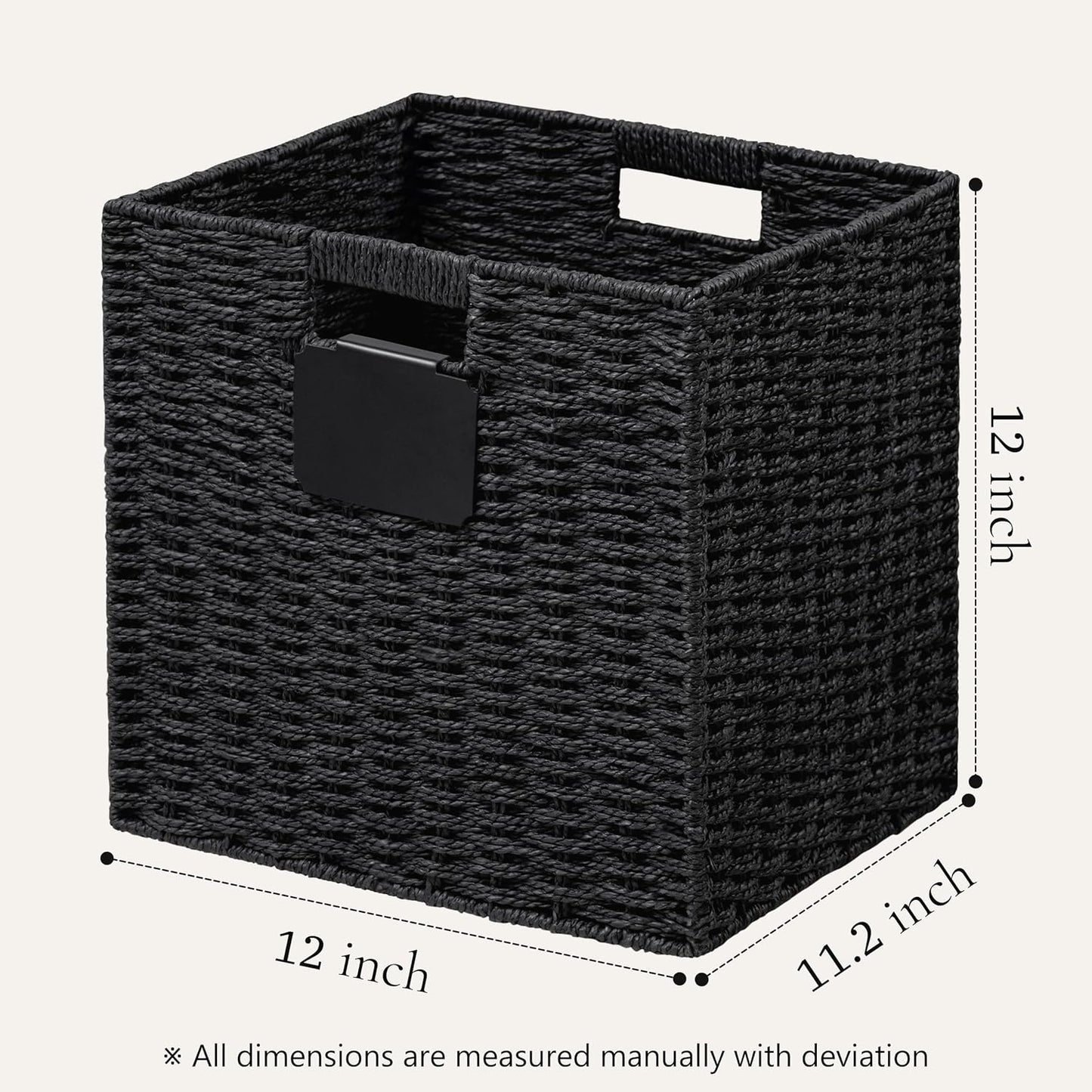 UBBCARE 4 Pack Wicker Basket, 12×12 Storage Cubes with Label, Foldable Cube Storage Bin with Handle, Square Storage Basket for Shelves, Woven Paper Rope Basket for Organizing, Black