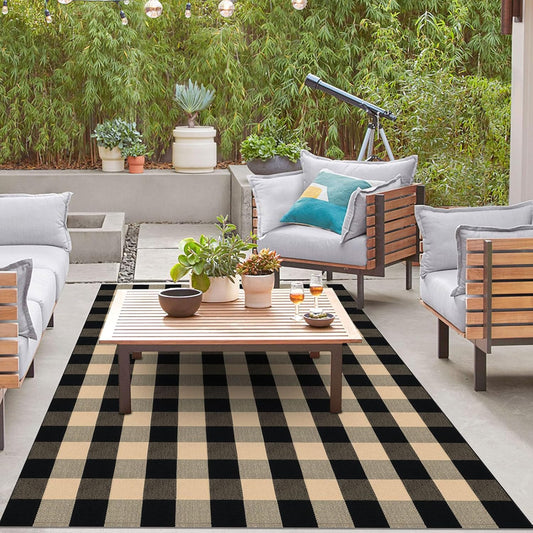 IOHOUZE Buffalo Plaid Rug 5x7 Ft Indoor Outdoor Rug, Washable Rugs for Living Room, Spring Summer Welcome Mats Outdoor, Cotton Area Rug for Farmhouse/Entryway/Home Entrance,Tan Black