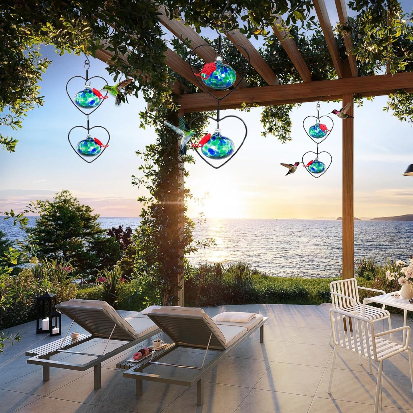 6 Pcs Heart-Shaped Hummingbird Feeder for Outdoors, Flexible Stackable Hand Blown Glass Humming Bird Feeders with 6 Adjustable Perch for Garden Tree Yard Patio Outdoors (Heart Shaped, Dotted Blue)