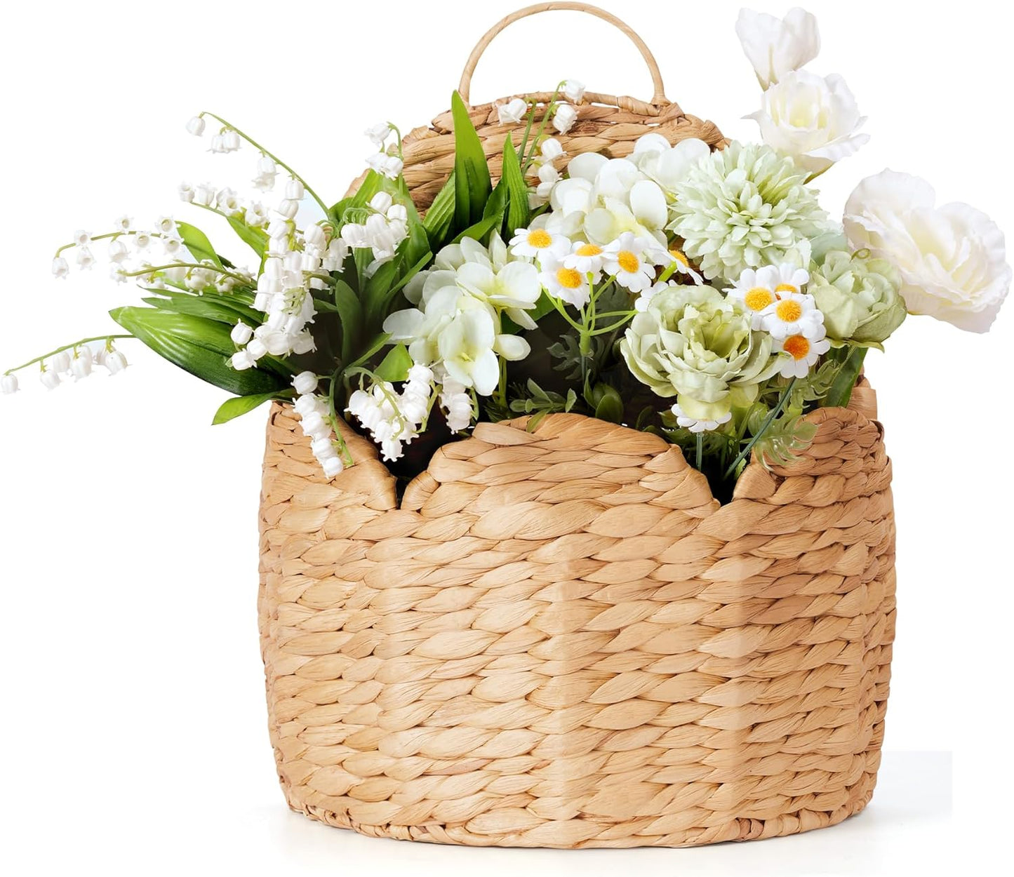 Scalloped Edge Hanging Planter Basket,Water Hyacinth Woven Wall Baskets for Front Door,Hangable Storage Organize for Flowers,Mails,Wicker Handmade Baskets for Garden,Farmhouse,Home Decor