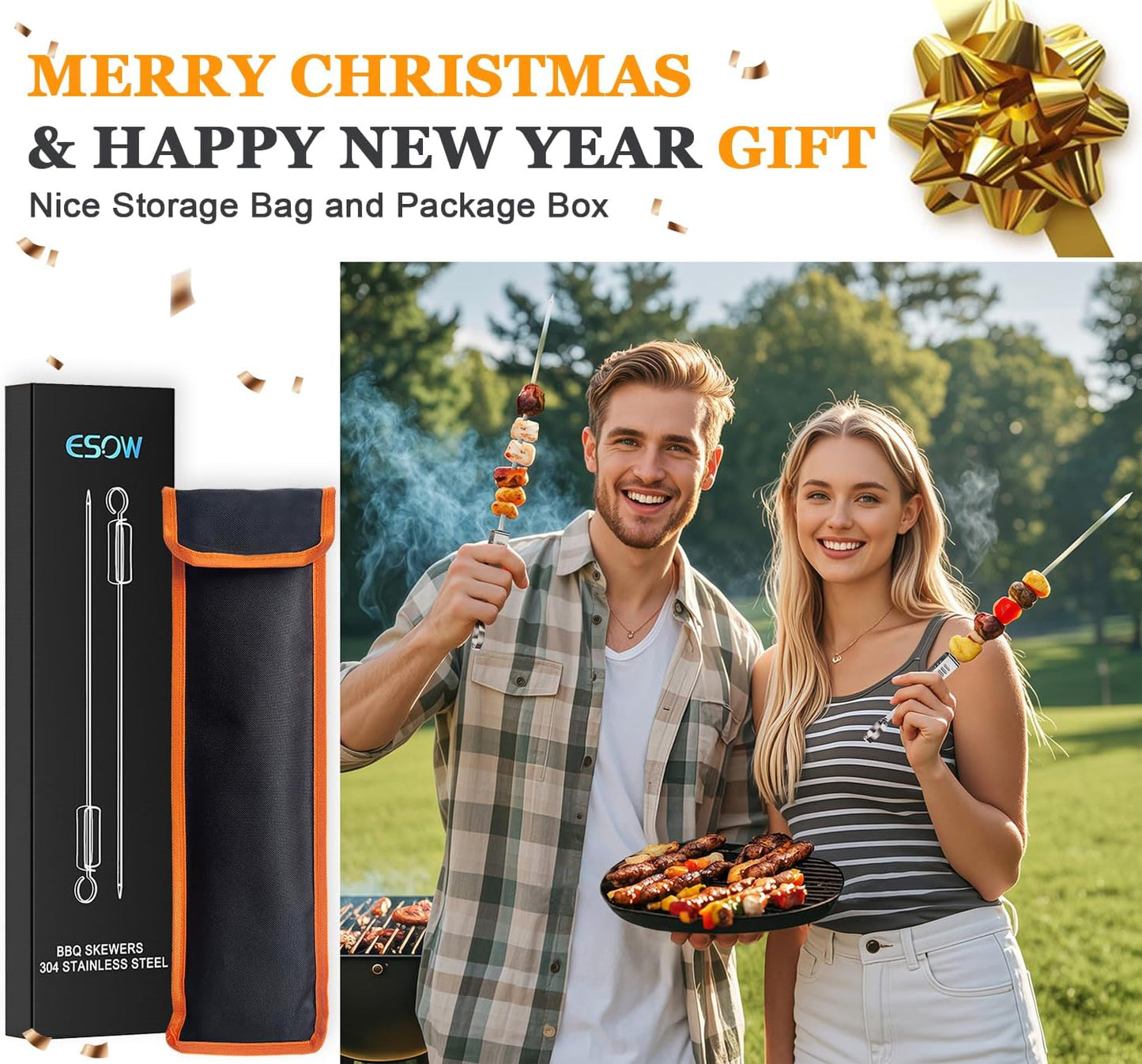 ESOW Metal BBQ Skewers for Grilling-16.83" Long Flat Kebab Sticks with Push Bar, Stainless Steel 304 Shish Kabob Skewers for Camping, Set of 8 with Bag