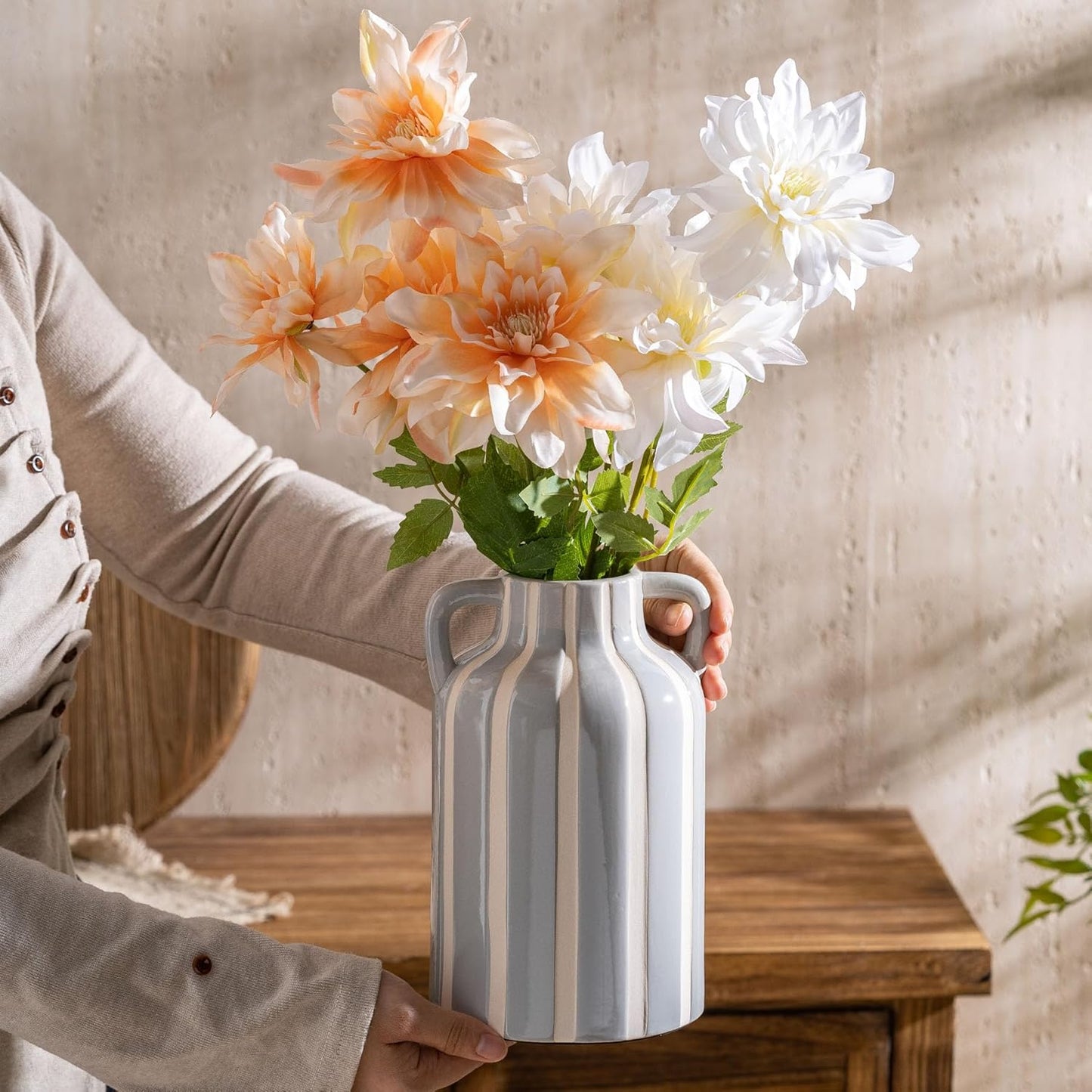 Ceramic Grey and White Checkered Stripes Vase with Handles, Hand-Painted Modern Minimalist Bohemian Floral Vases Home Decor, Cottage Core Decor, Flower Vase for Bouquet Mantle Kitchen Bookshelf 9.1 In