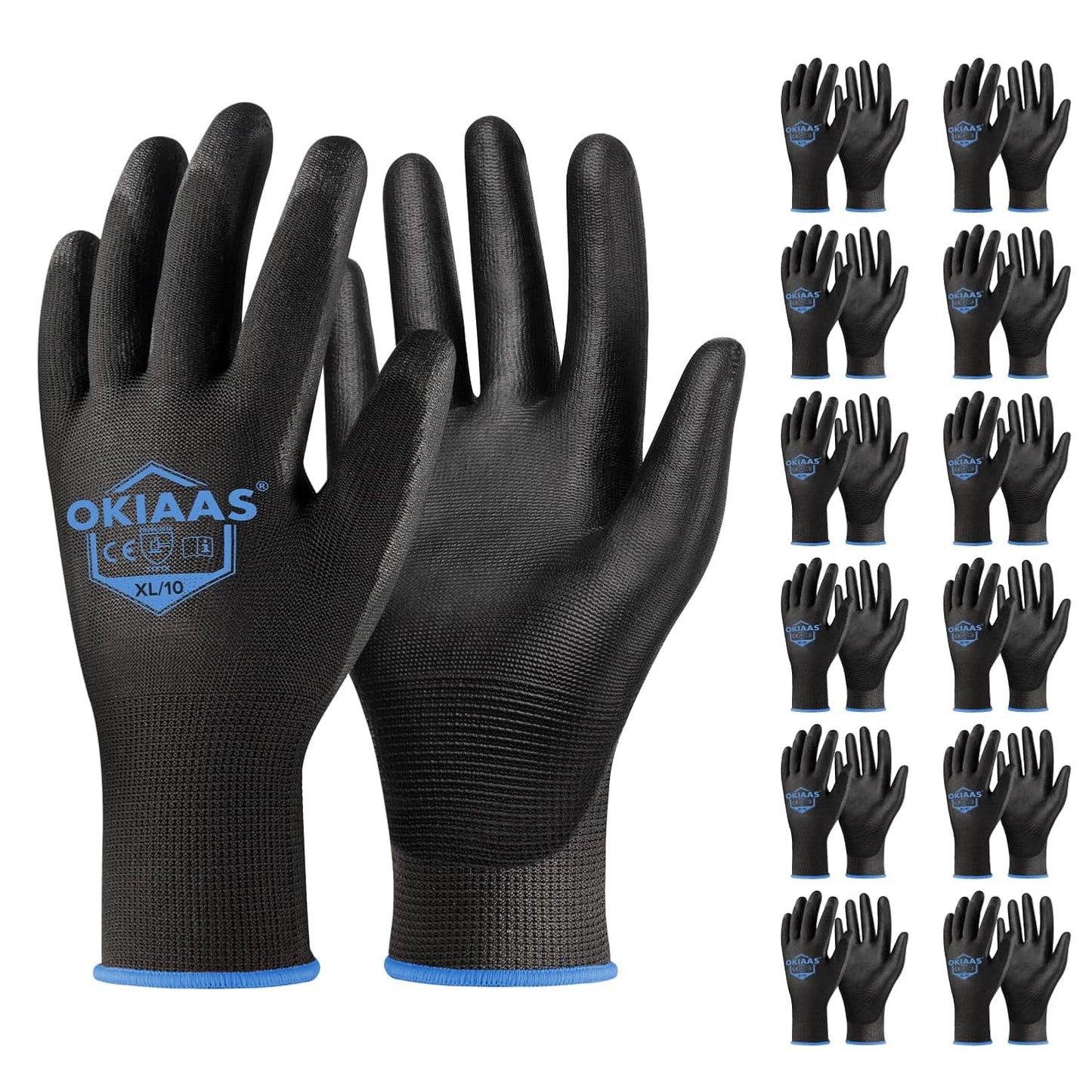 OKIAAS Work Gloves for Men，Ultra Thin and Lightweight Working Gloves with Grip, 12 Pairs Bulk Pack Construction Gloves with Polyurethane Coating for Light Duty Work (Black, X-Large)