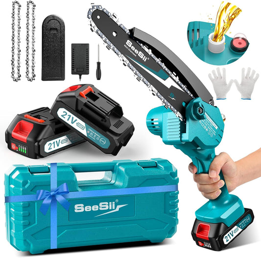 SEESII Mini Chainsaw 8 inch,Cordless Chainsaw w/ 2pcs 2000mAh Batteries,Oiler System & Replacement Chain,Handheld Chain Saw w/Safety Lock,Battery Powered Chain saw for Wood Tree Cutting,CH820+