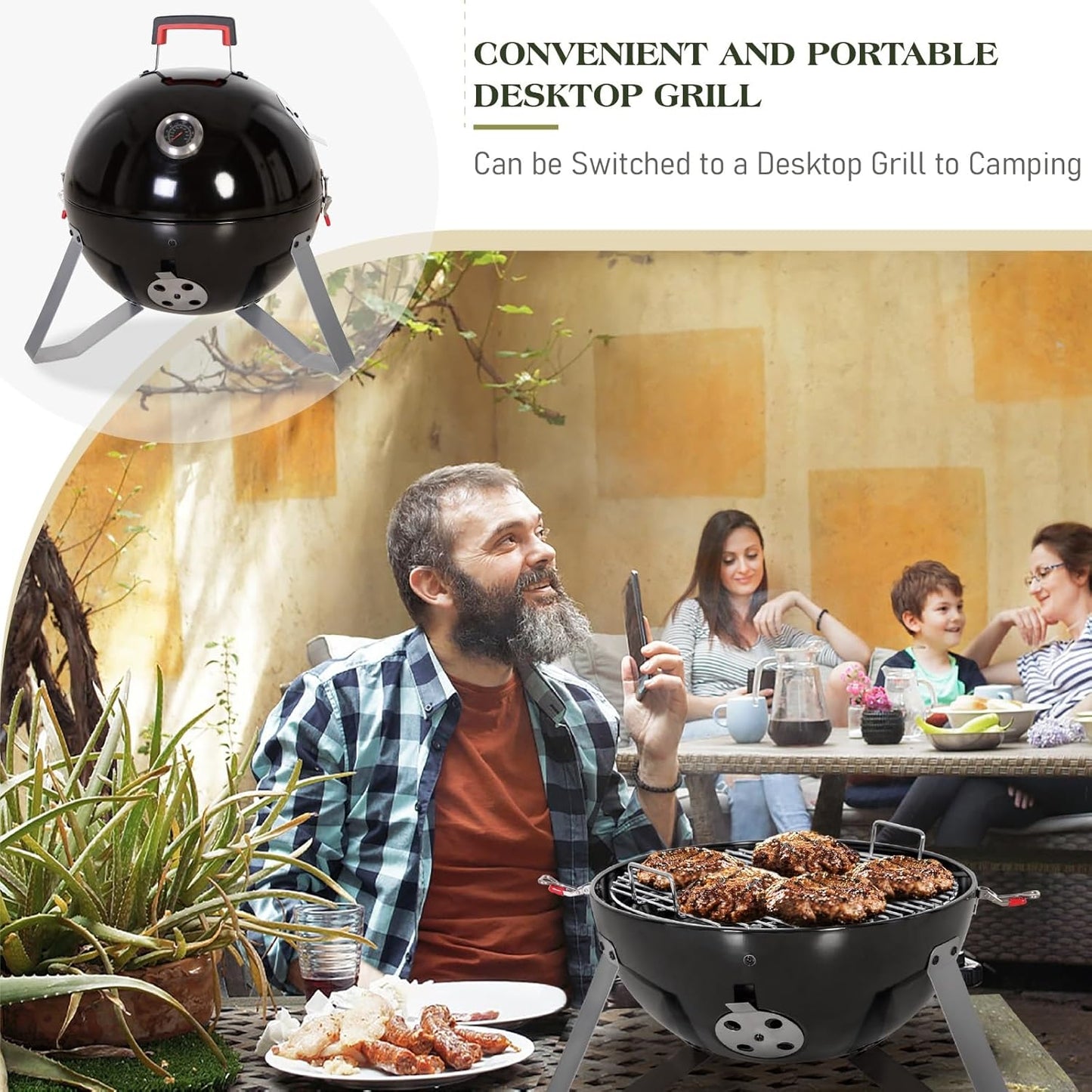 Sophia & William 18-Inch Vertical Charcoal Smokers BBQ Grills with Porcelain-Enameled Smoking Chamber & 2-Layer Smoking Shelves, Outdoor Smokers & Tabletop Grill Combo for Barbecue Camping(Black)