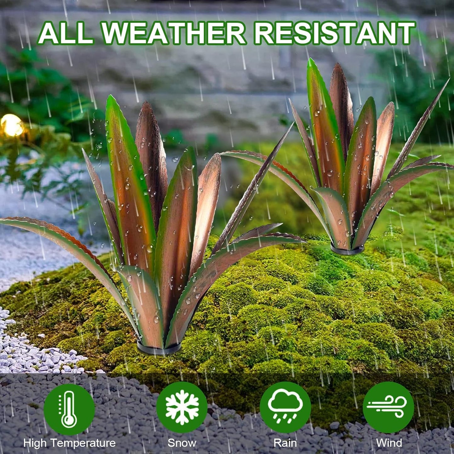 TOMBABY Enlarge thickened Wind Resistant Metal Agave Garden Art Plant Country Sculpture Statue Outdoor decoration Courtyard Lawn Ornament Gift (12 Leaves Green 2 pcs) (TB-410-415)