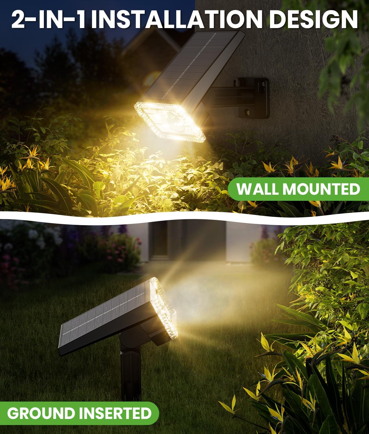 Large Panel Solar Spot Lights Outdoor, [58 LED/3500K/3 Modes] Solar Flood Lights Waterproof IP67, Auto On/Off, 2-in-1 Wall Light Outdoor Light for Tree Yard Garden Pathway, 2 Pack