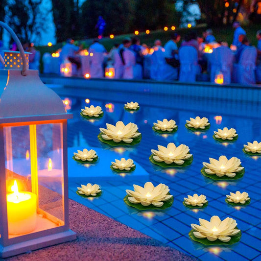 Liliful 36 Pcs Diwali Lotus Decoration Floating Lights Lotus Artificial Floating Flowers for Pool with LED Lights Battery Operated for Indian Puja Ganesh chaturthi Diwali(3.94, 5.91 Inch,White)