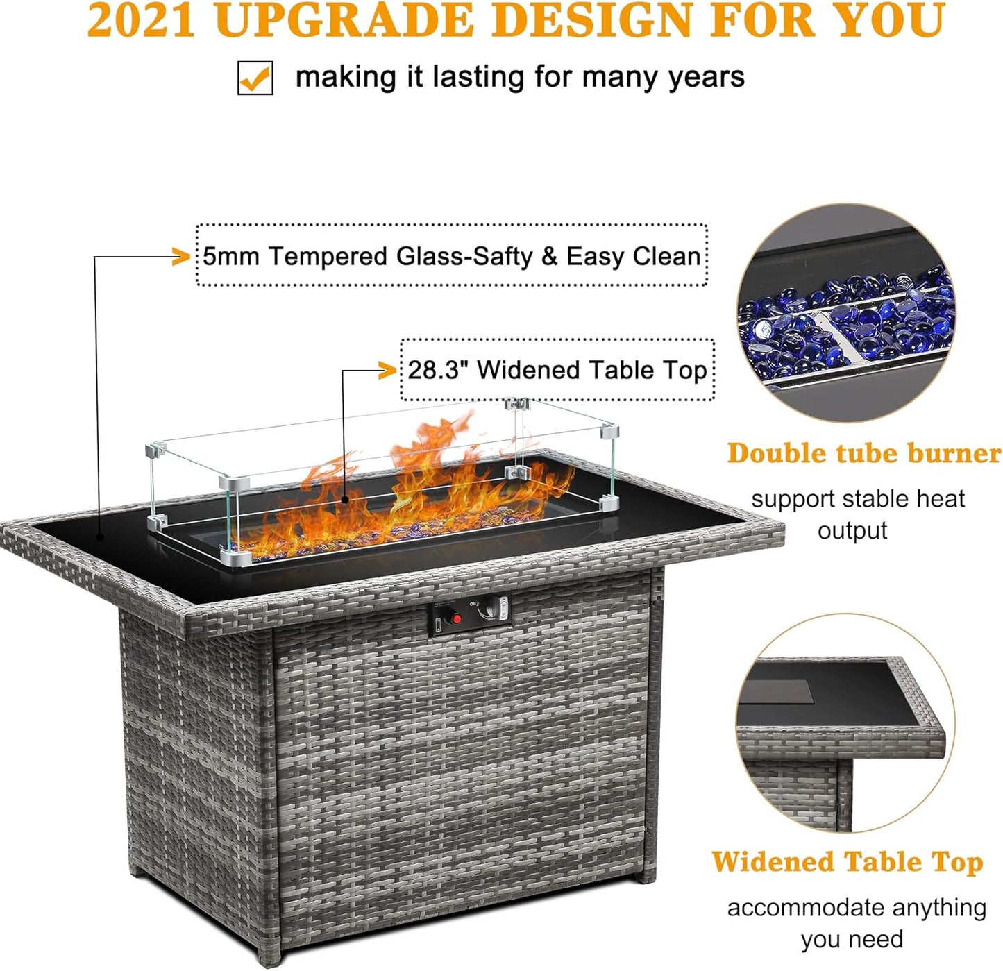 LayinSun 44" Propane Gas Fire Pit Table, 55000 BTU Rectangular Fire Pit with Glass Wind Guard for Outside Patio Deck Garden Backyard