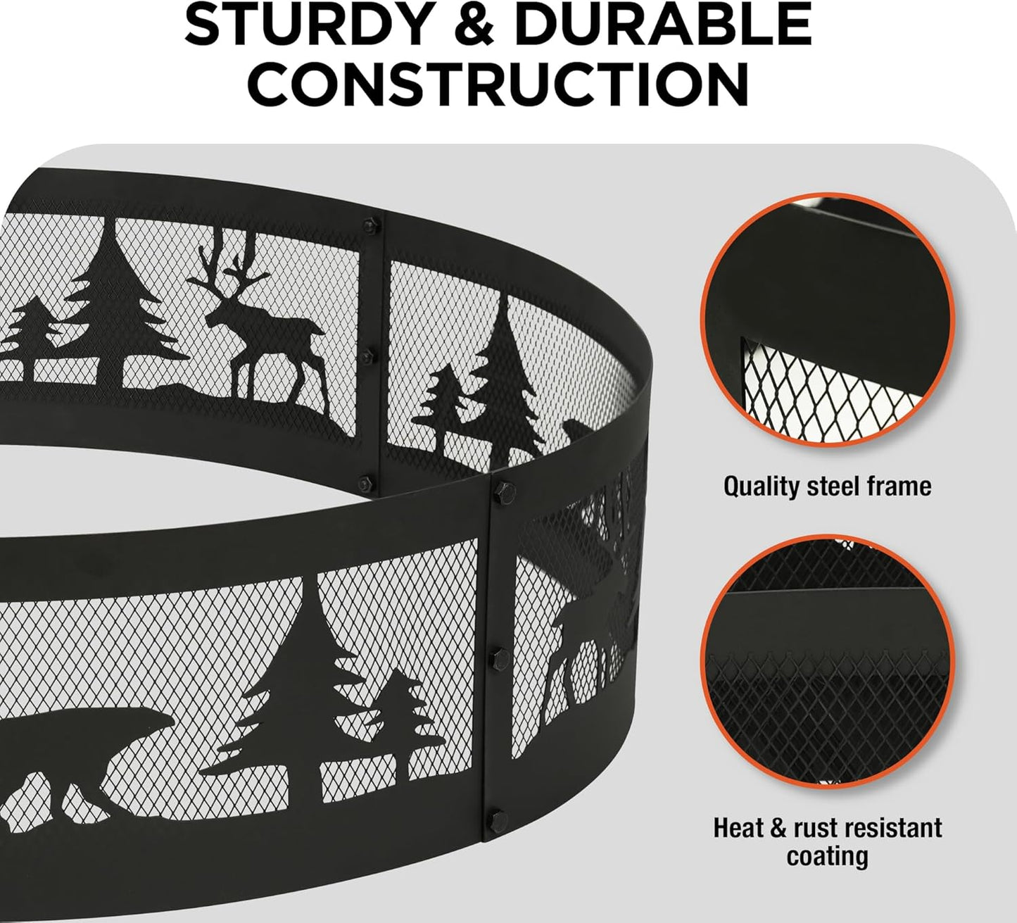 Red Mountain Valley 36 Inch Fire Pit Ring with 360° Forest & Wildlife Design, Portable Steel Wood Burning Firepit Ring for Outdoor Camping, Bonfires, Beach,Patio, fire Pit kit, Black