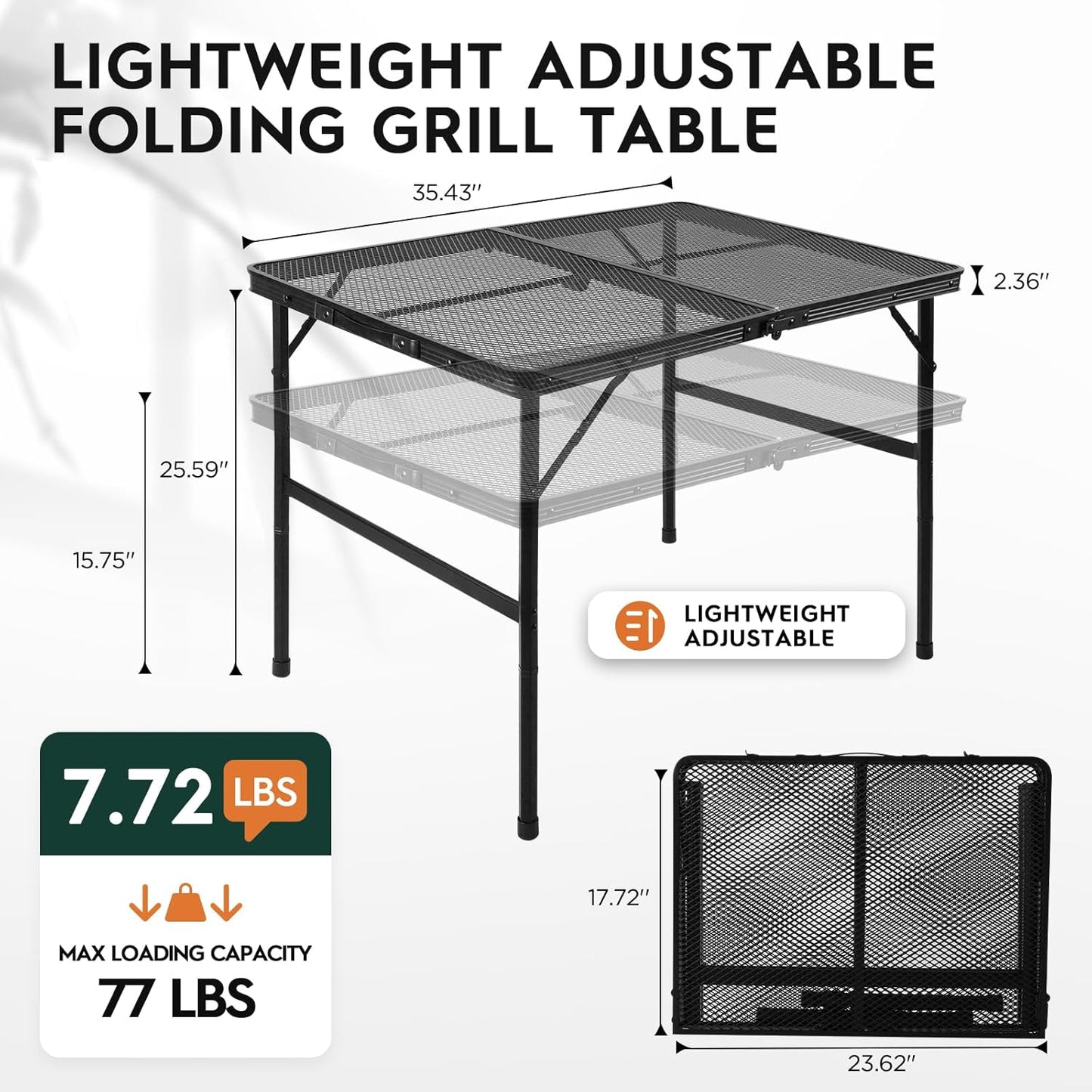 3x2 FT Folding Grill Table, Portable Camping Table for Outside, Adjustable Height Folding Table with Desktop & Mesh Bag, Lightweight Outdoor Table for Camping, Picnic, BBQ
