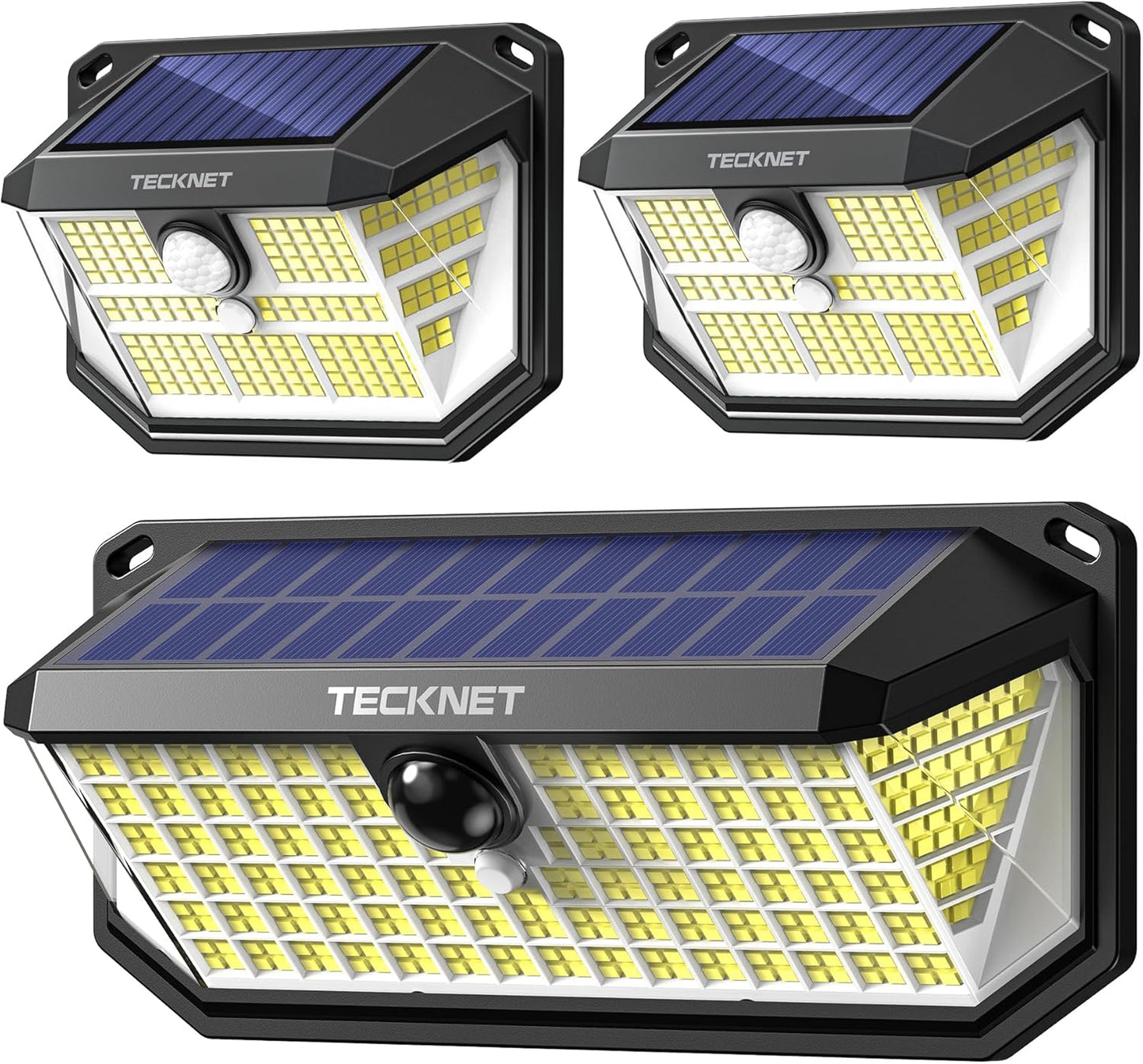 TECKNET Super Bright Solar Lights Outdoor 3 Pack, 2×231 LED and 1×416 LED, 300° Angle & 3 Lighting Modes Motion Sensor Outdoor Lights, Waterproof for for Fence Front Door Yard Deck Garden Garage