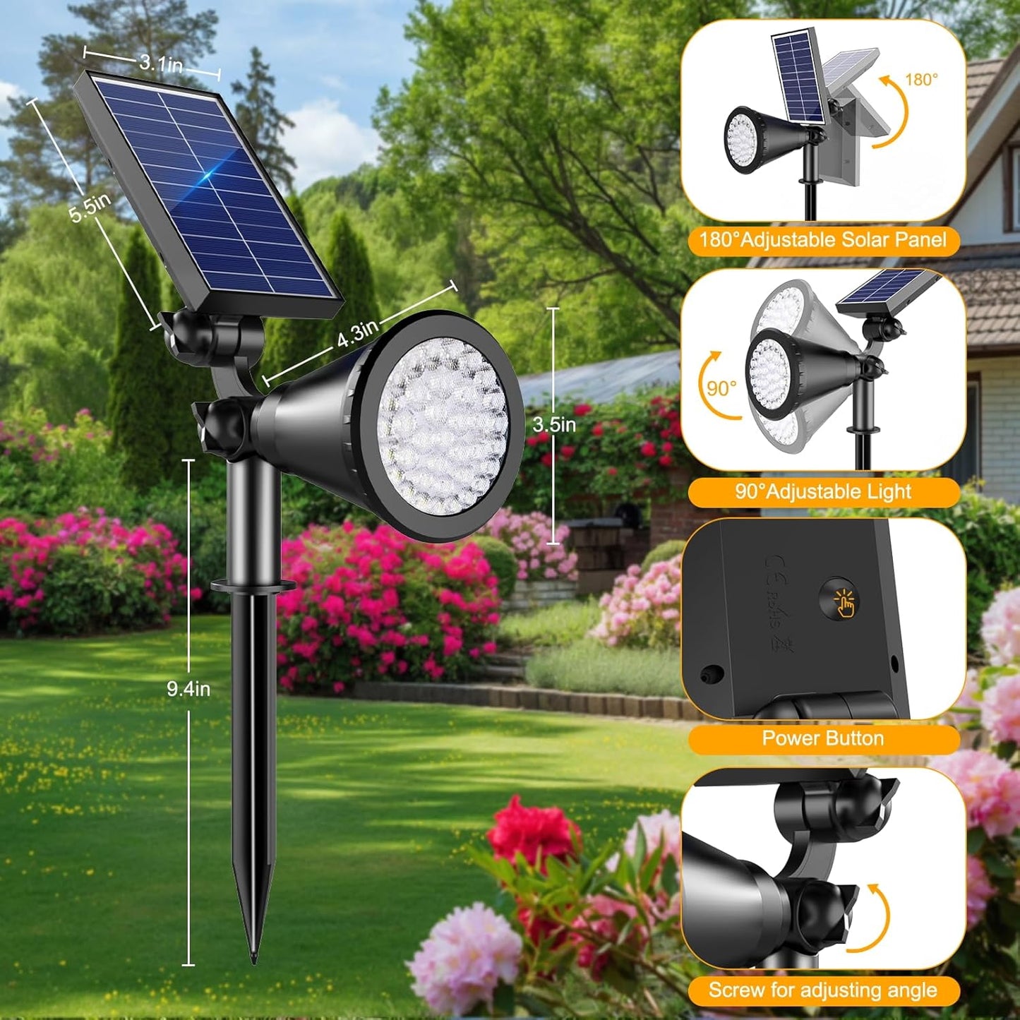 Solar Lights Outdoor Waterproof, 36 LEDs 1000LM Adjustable Solar Spot Lights Outdoor, 2-in-1 Solar Powered Spotlight Landscape Lighting for Garden, Yard, Pathway- 2 Pack (Cool White)
