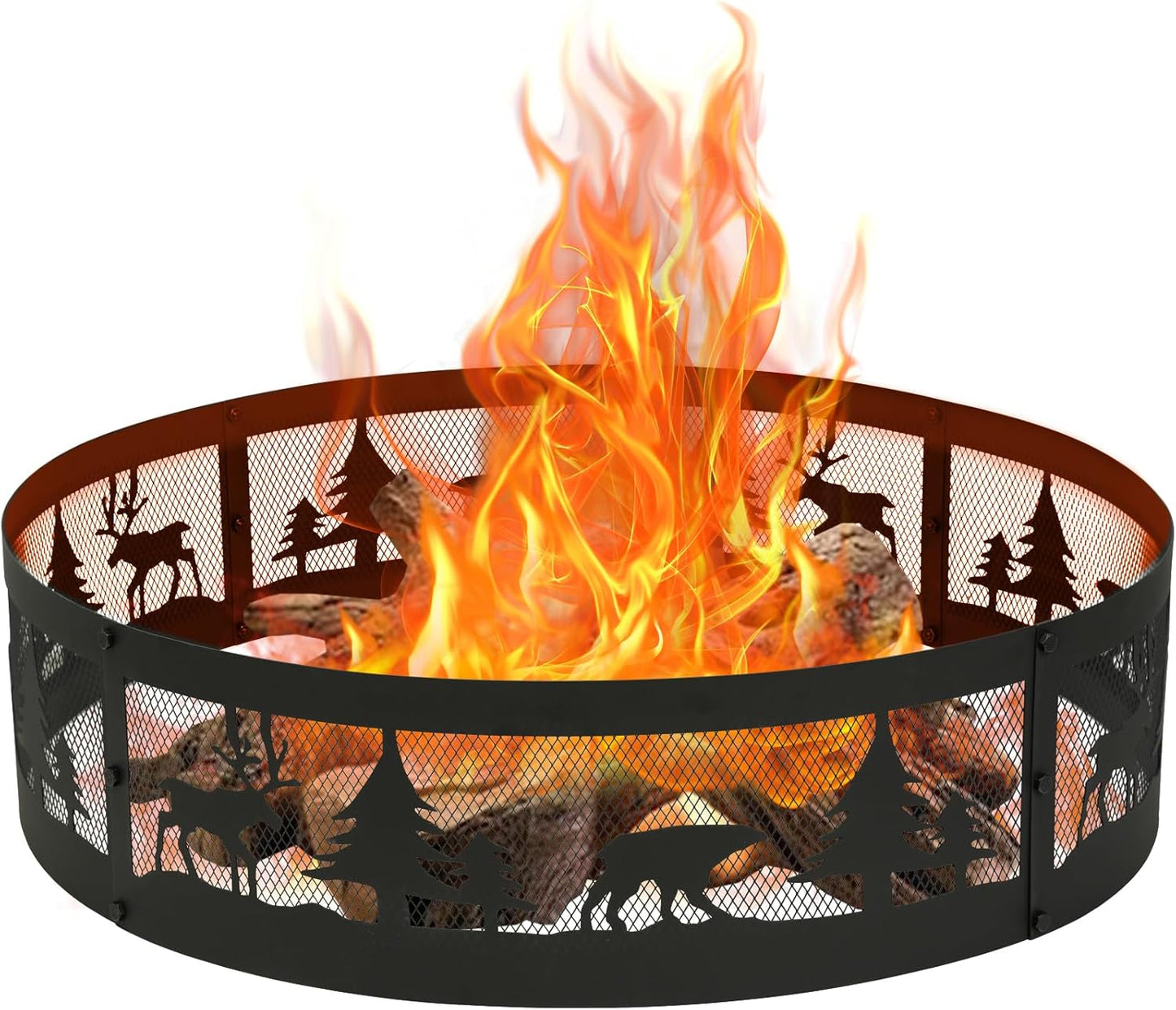 Red Mountain Valley 36 Inch Fire Pit Ring with 360° Forest & Wildlife Design, Portable Steel Wood Burning Firepit Ring for Outdoor Camping, Bonfires, Beach,Patio, fire Pit kit, Black