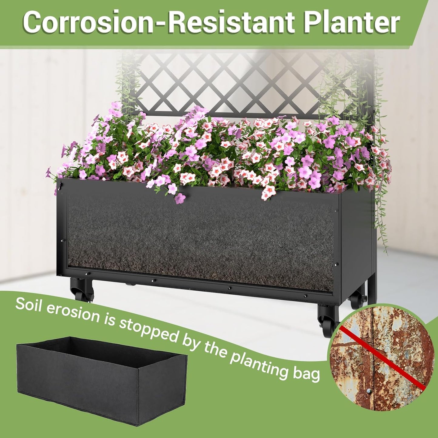 Metal Planter Box with Trellis Privacy Screen, 67"x35"x16" Raised Garden Bed with Trellis, Privacy Planter Boxes, with Planting Bag & Lockable Casters for Climbing Plants,Vegetables,and Vines