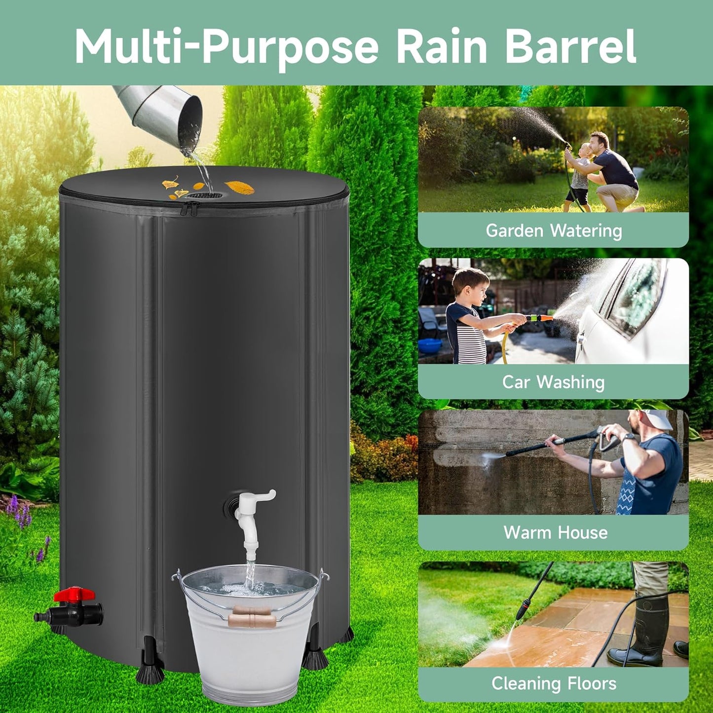 Collapsible Rain Barrel Water Storage Containers-100 Gallon Portable Rainwater Collect System Water Tank to Collect Rainwater from Gutter Downspout Water Catcher with Spigots,Filter＆Overflow Kits